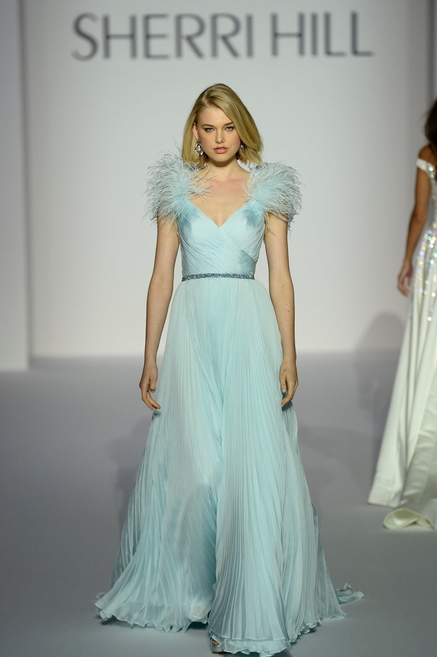 Sherri Hill style 44607 in light blue, V-Neck Chiffon Gown with Feather Sleeves