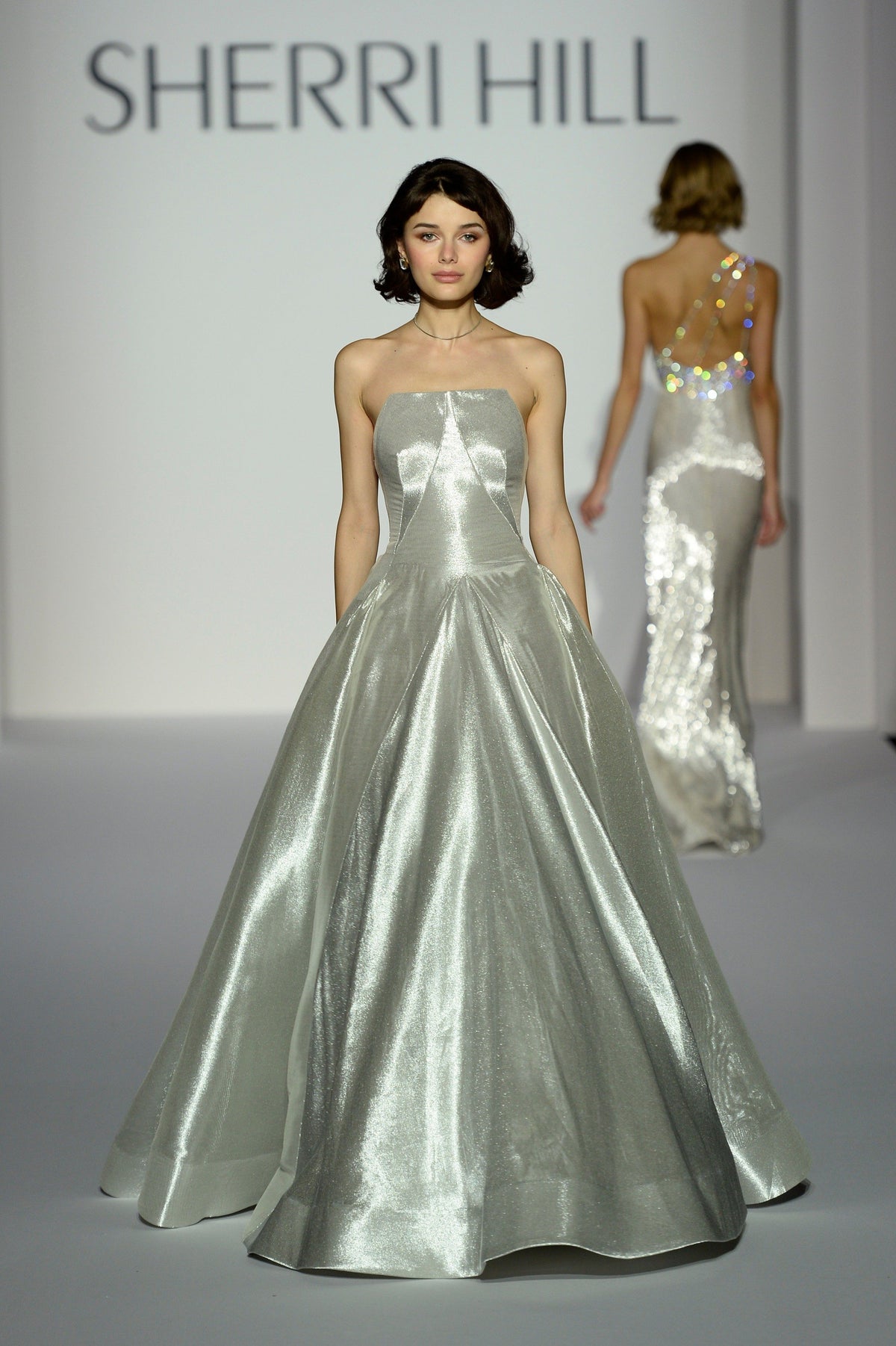 Sherri Hill 44673 metallic satin ball gown in silver