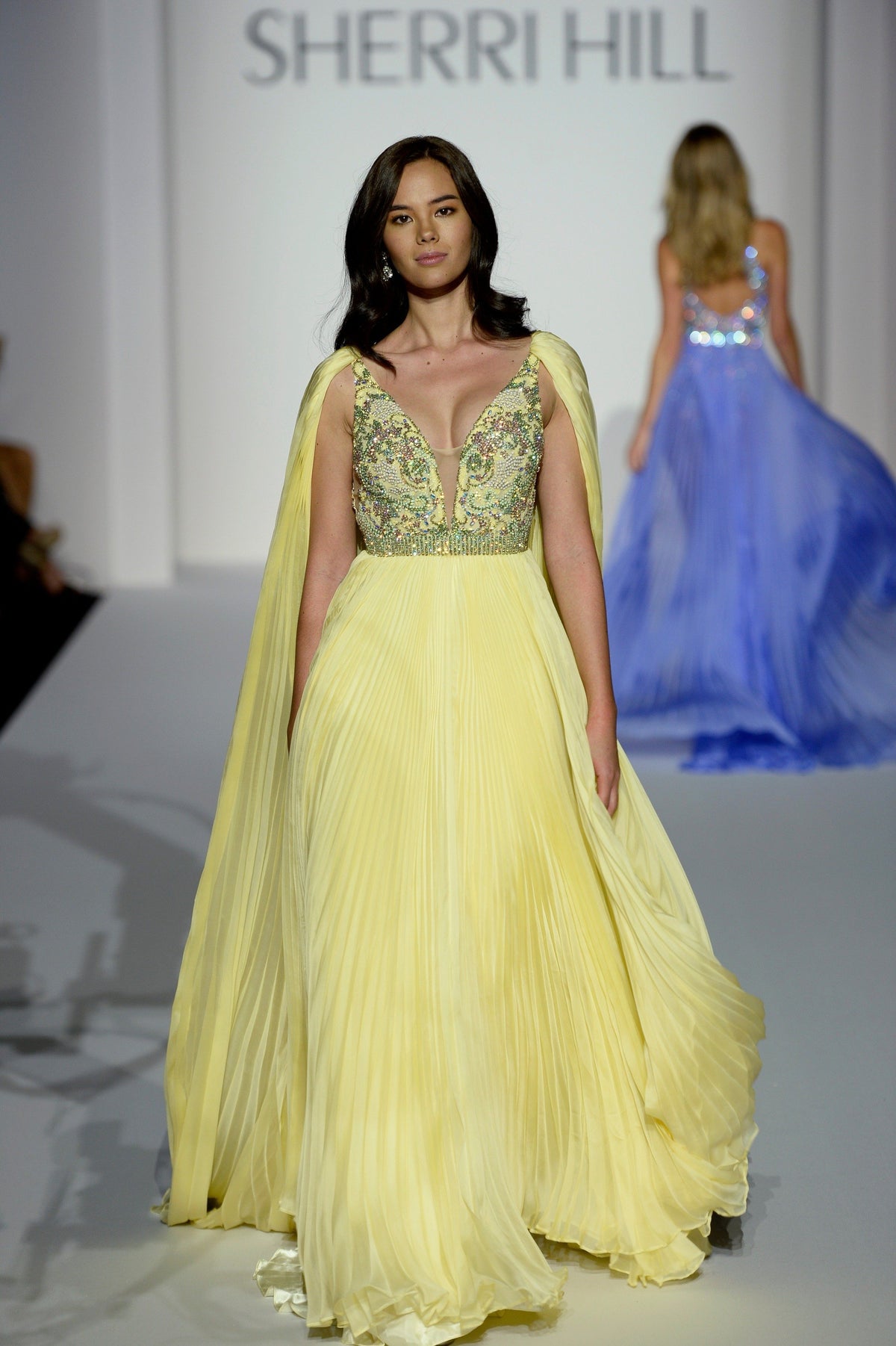 Sherri Hill 44668 beaded bodice chiffon gown with cape in yellow
