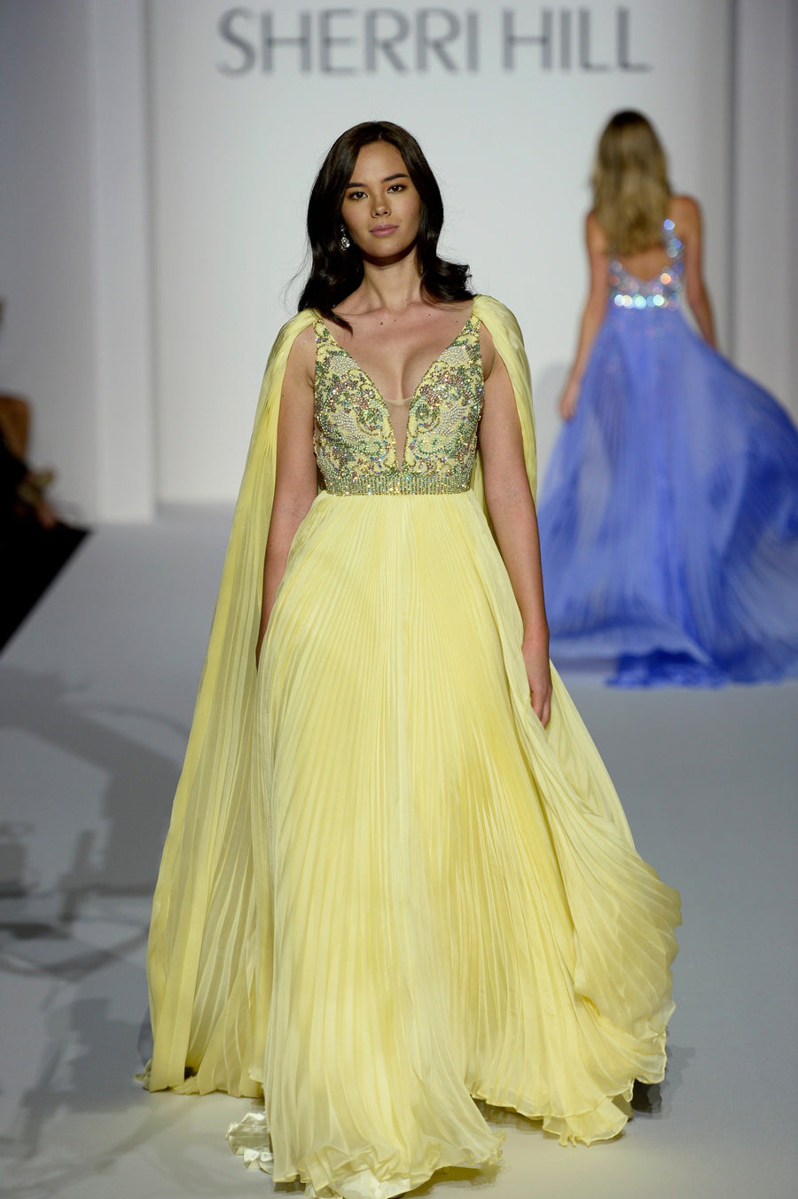 Sherri Hill style 44668 in yellow, Beaded Bodice Chiffon Gown with Cape