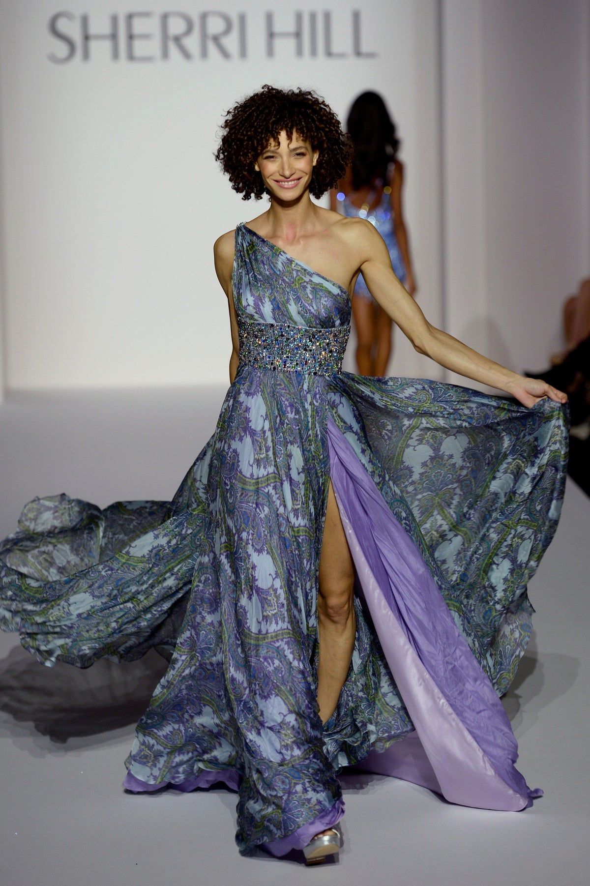 Sherri Hill 44674 one-shoulder brocade gown with slit in periwinkle/multi