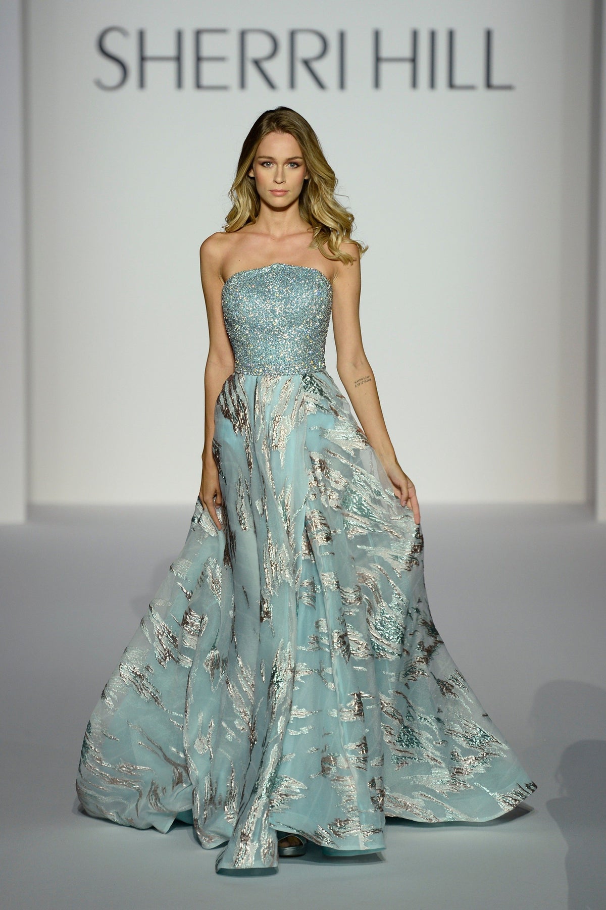 Sherri Hill 44666 strapless brocade ball gown in light blue/silver