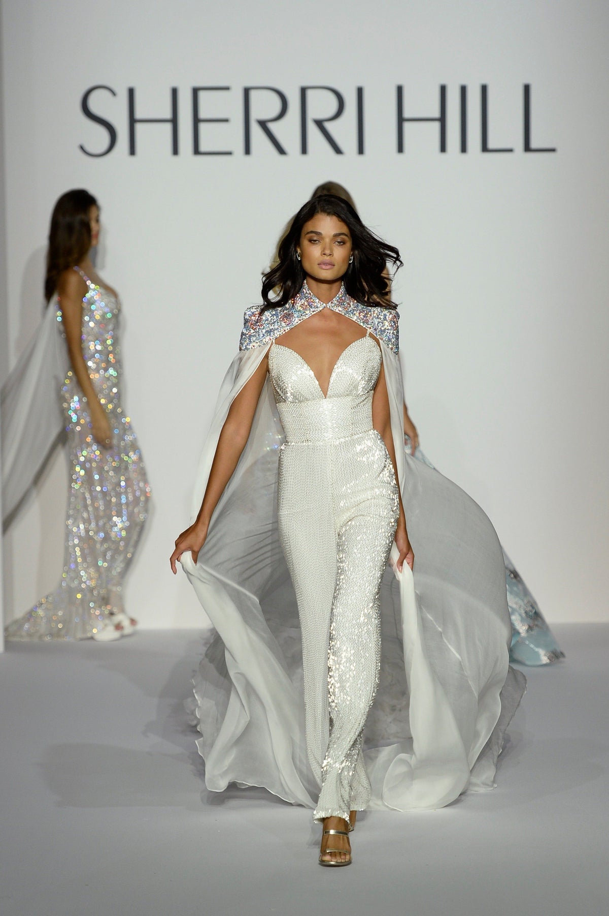 Sherri Hill 44665 sweetheart jumpsuit with cape in ivory/multi