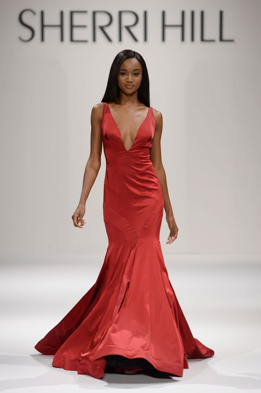 Sherri Hill style 44222 in red, V-Neck Satin Mermaid Gown