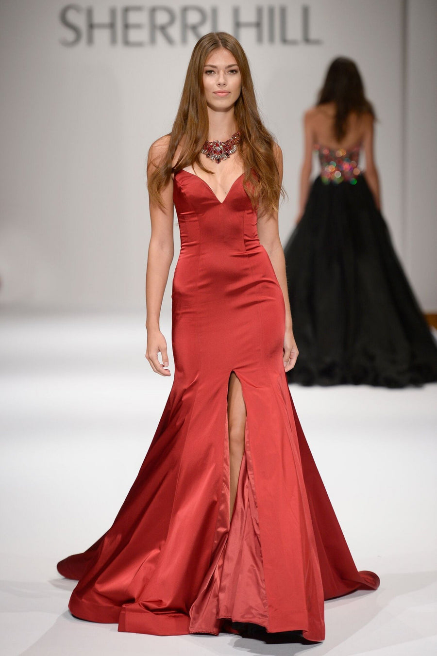 Sherri Hill style 44291 in red, Strapless Satin Mermaid Gown with Slit