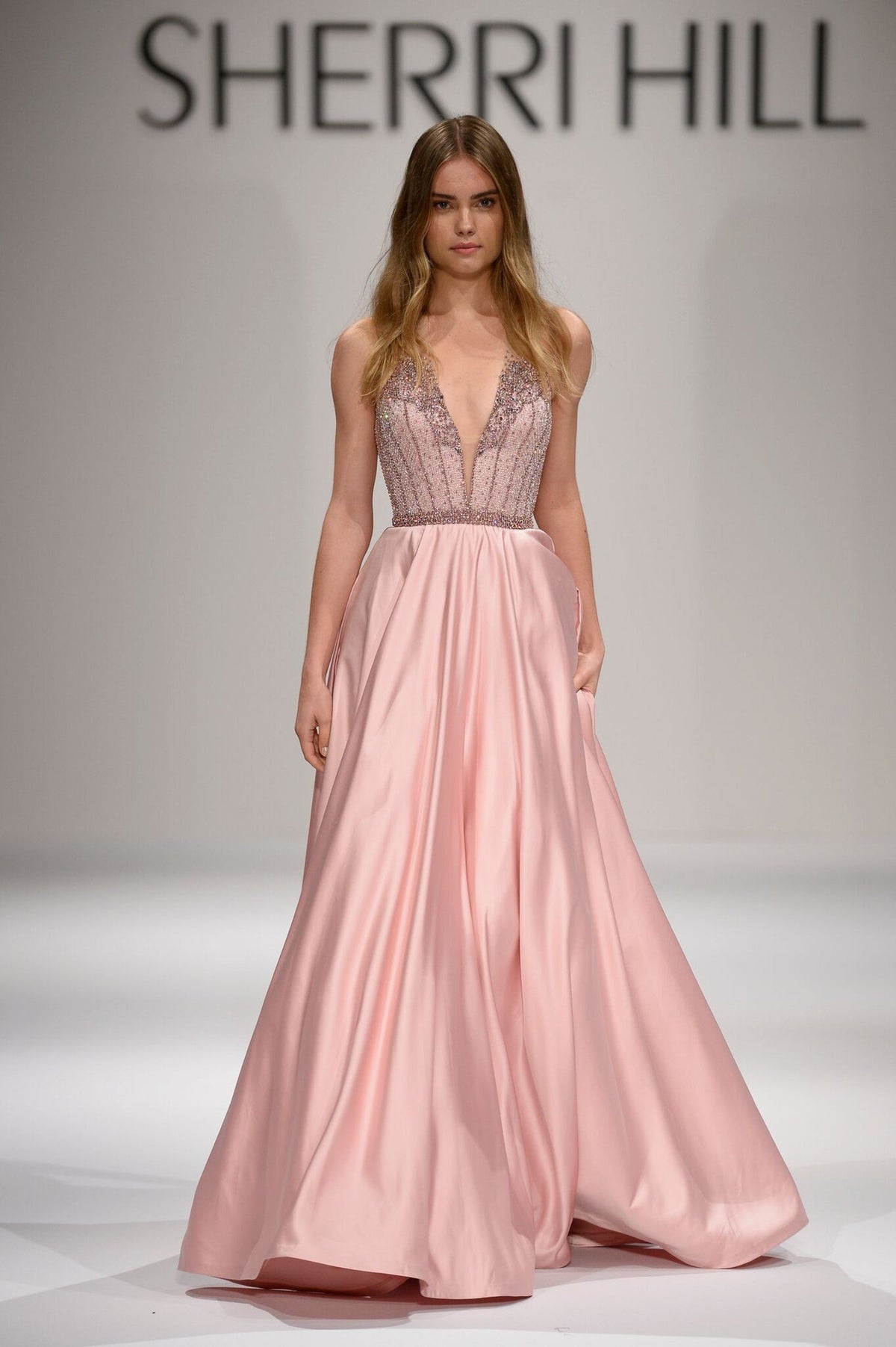 Sherri Hill 44298 V-neck beaded bodice satin gown in pink