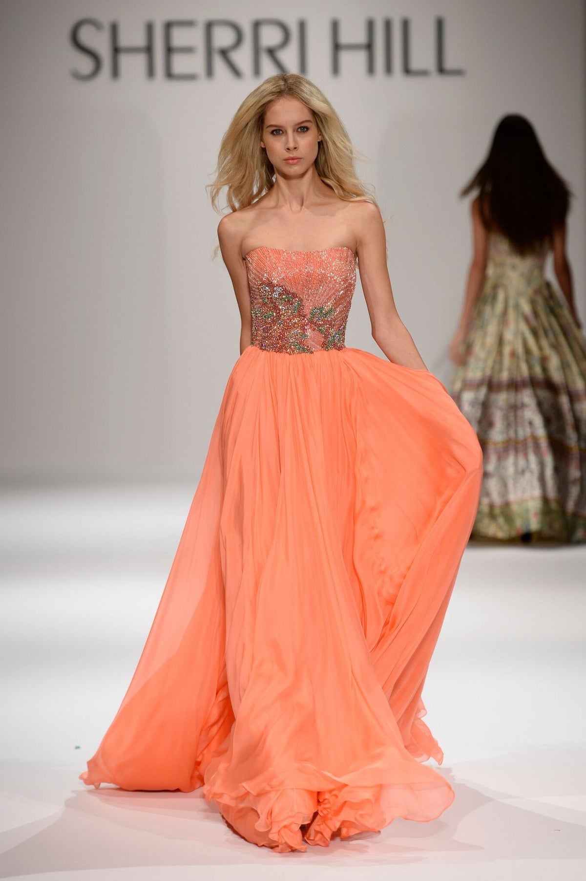 Sherri Hill 44299 strapless beaded bodice chiffon gown in coral