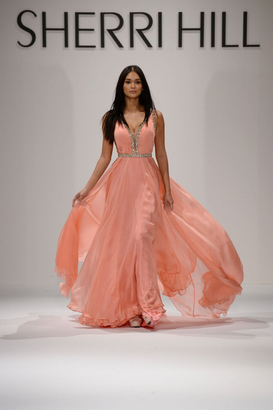 Sherri Hill style 44311 in coral, V-Neck Chiffon Gown