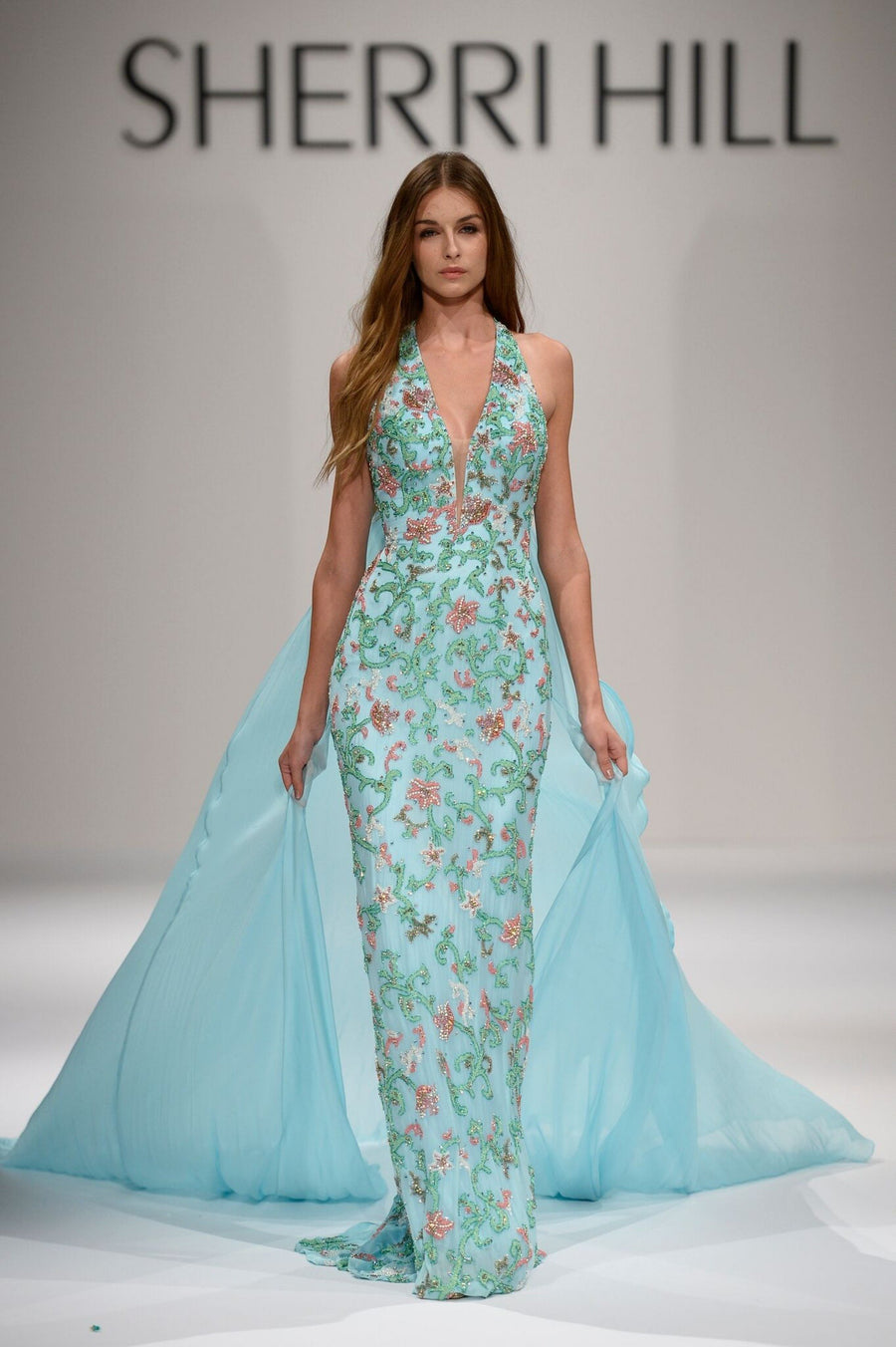 Sherri Hill style 44312 in light blue/multi, V-Neck Beaded Fitted Gown with Overskirt