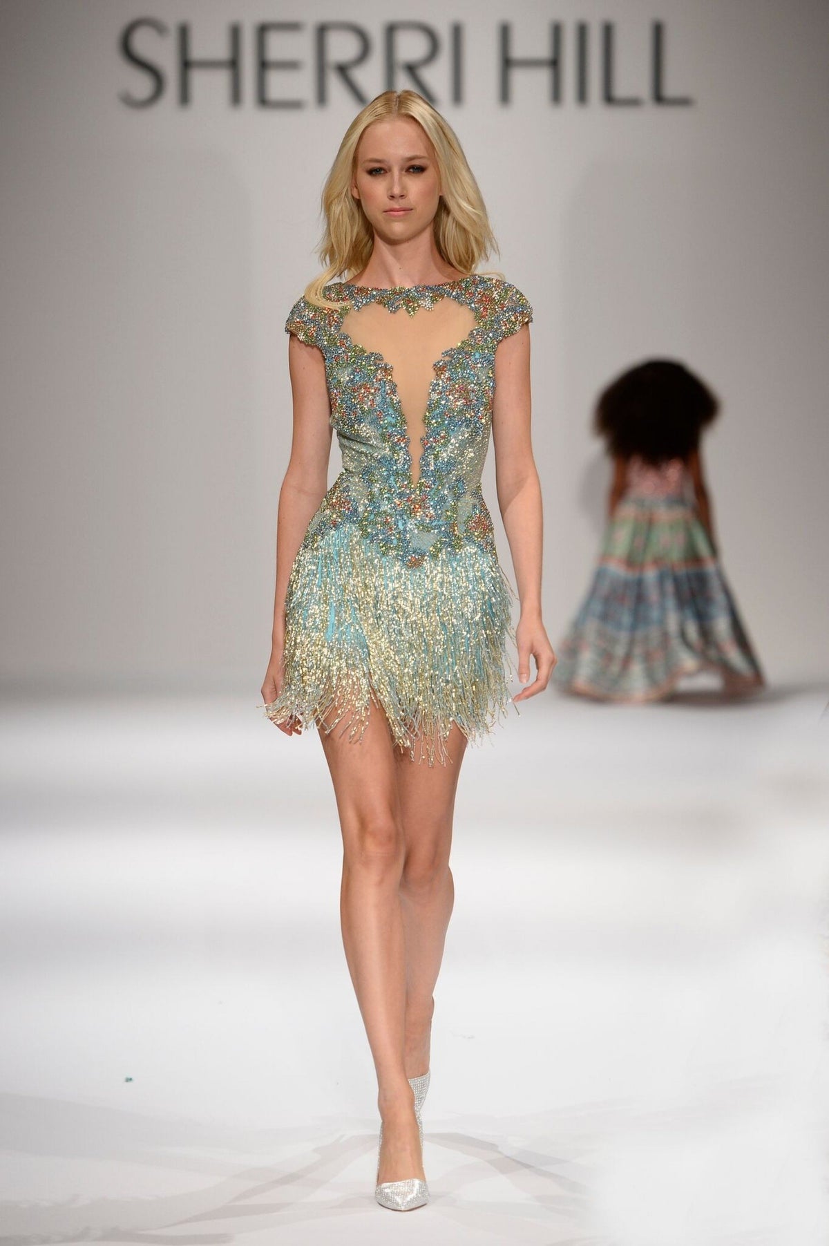 Sherri Hill 44313 cap-sleeve beaded fringe cocktail dress in light blue/multi