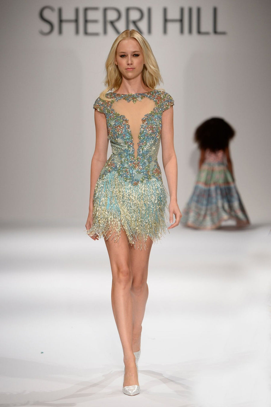 Sherri Hill style 44313 in light blue/multi, Cap-Sleeve Beaded Fringe Cocktail Dress