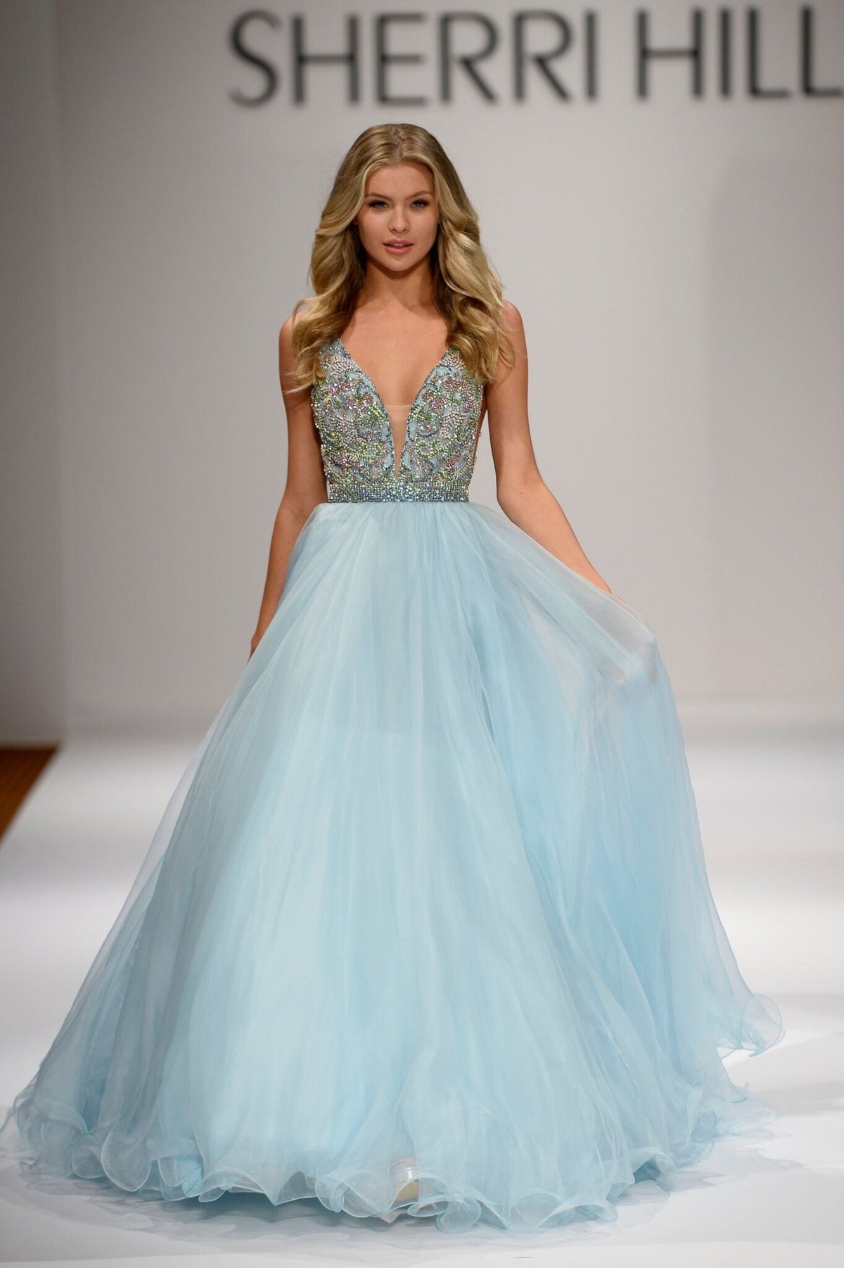 Sherri Hill 44319 beaded bodice tulle gown in light blue/multi