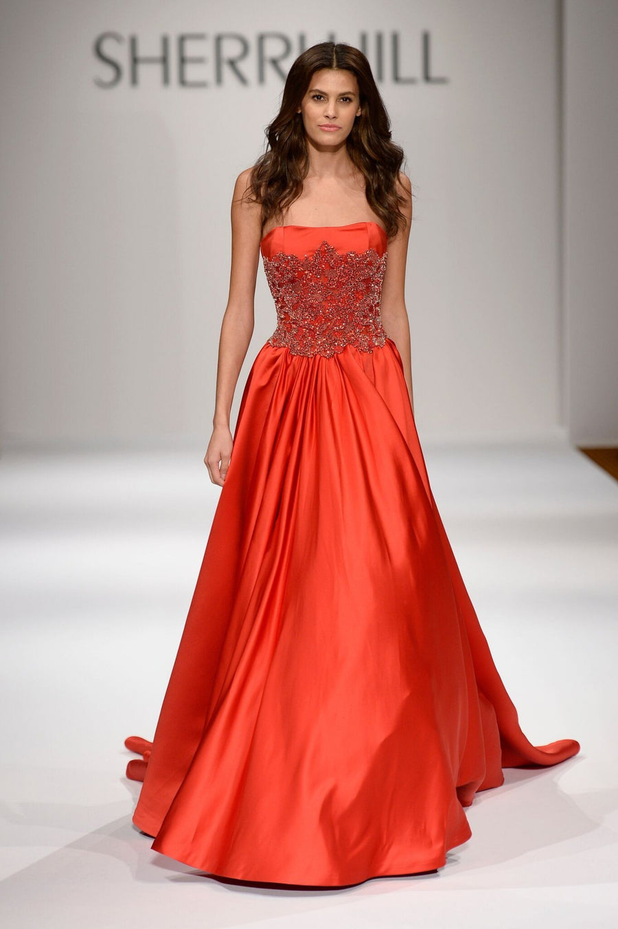 Sherri Hill style 44321 in red, Strapless Beaded Bodice Satin Ball Gown