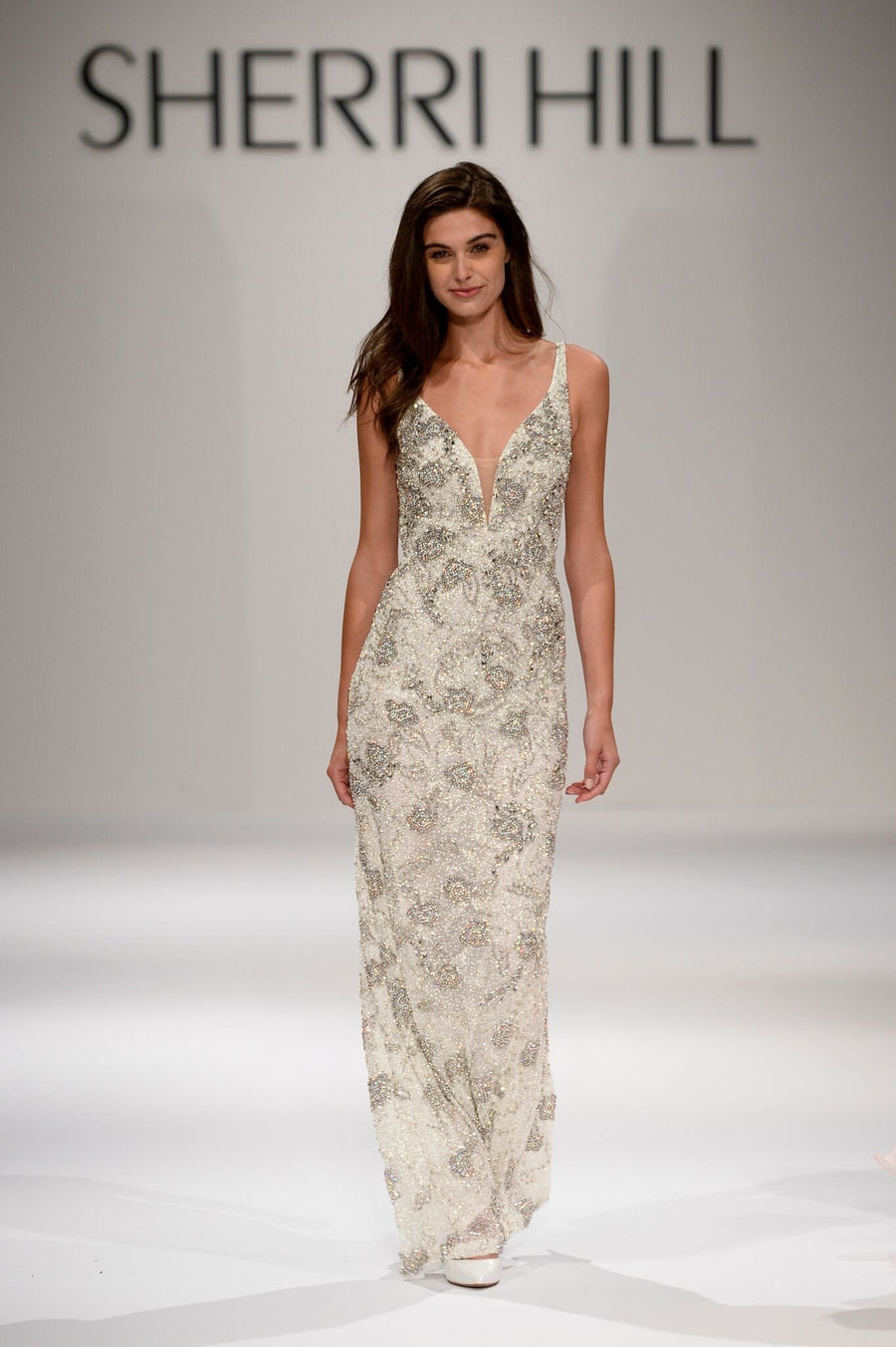 Sherri Hill style 44322x in ivory, V-Neck Beaded Fitted Gown