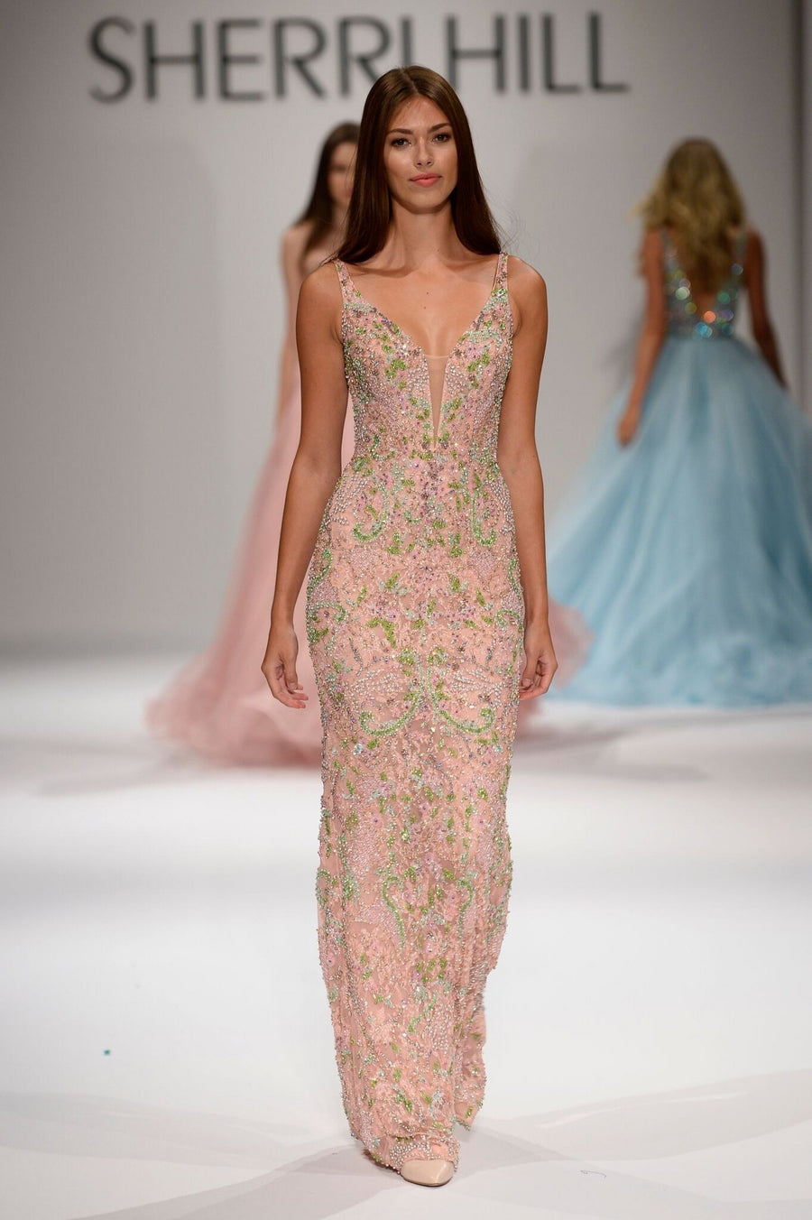 Sherri Hill style 44324 in pink/multi, V-Neck Beaded Fitted Gown