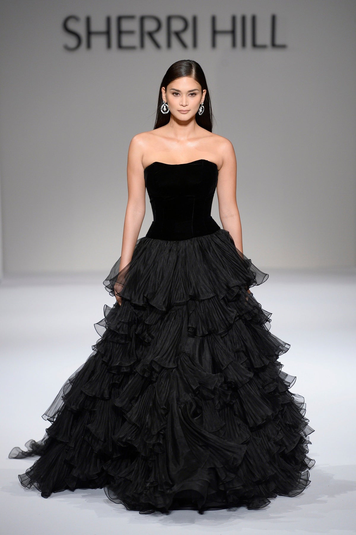 Sherri Hill 44579 strapless velvet bodice ball gown with ruffled tulle skirt in black