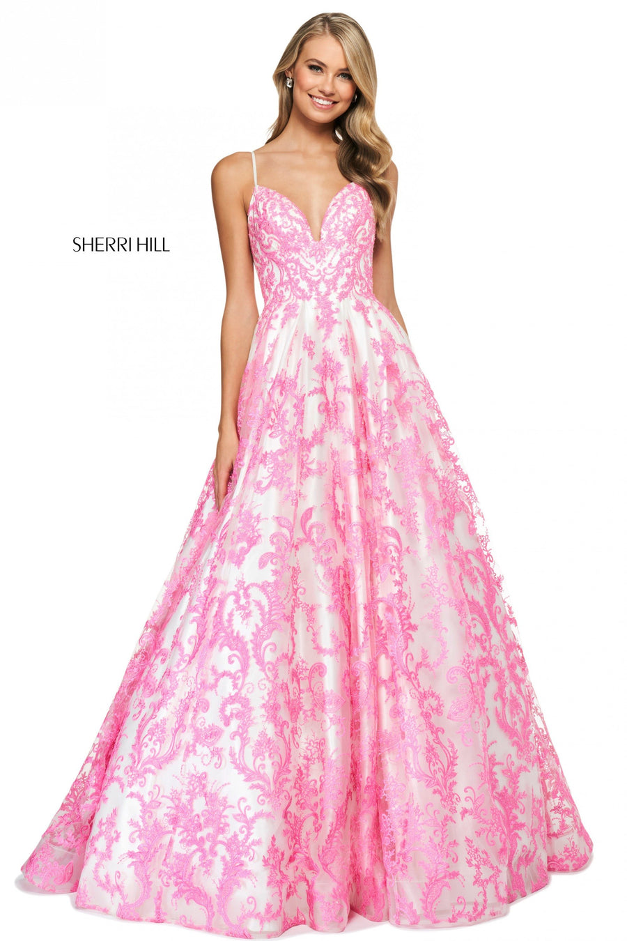 Sherri Hill style 53921 in ivory/candy pink, Embroidered Organza Ball Gown