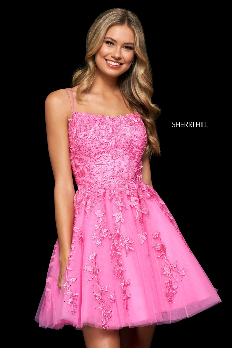 Sherri Hill style 53982 in lilac, Lace Appliqued Tulle A-Line Cocktail Dress