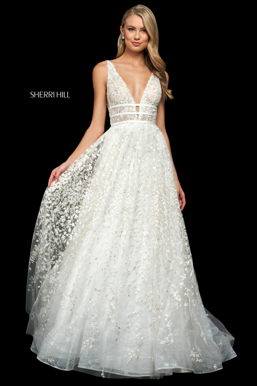 Sherri Hill style 54044 in ivory, Deep V-Neck Ball Gown with Lace Appliqués