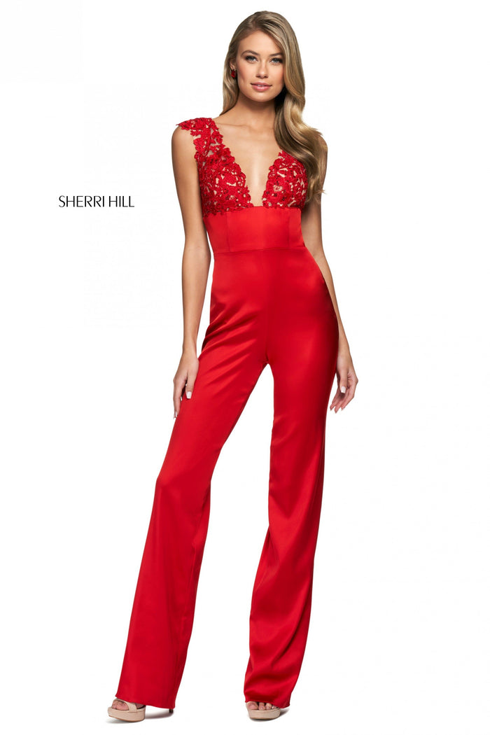 Sherri Hill 54050 satin jumpsuit in red
