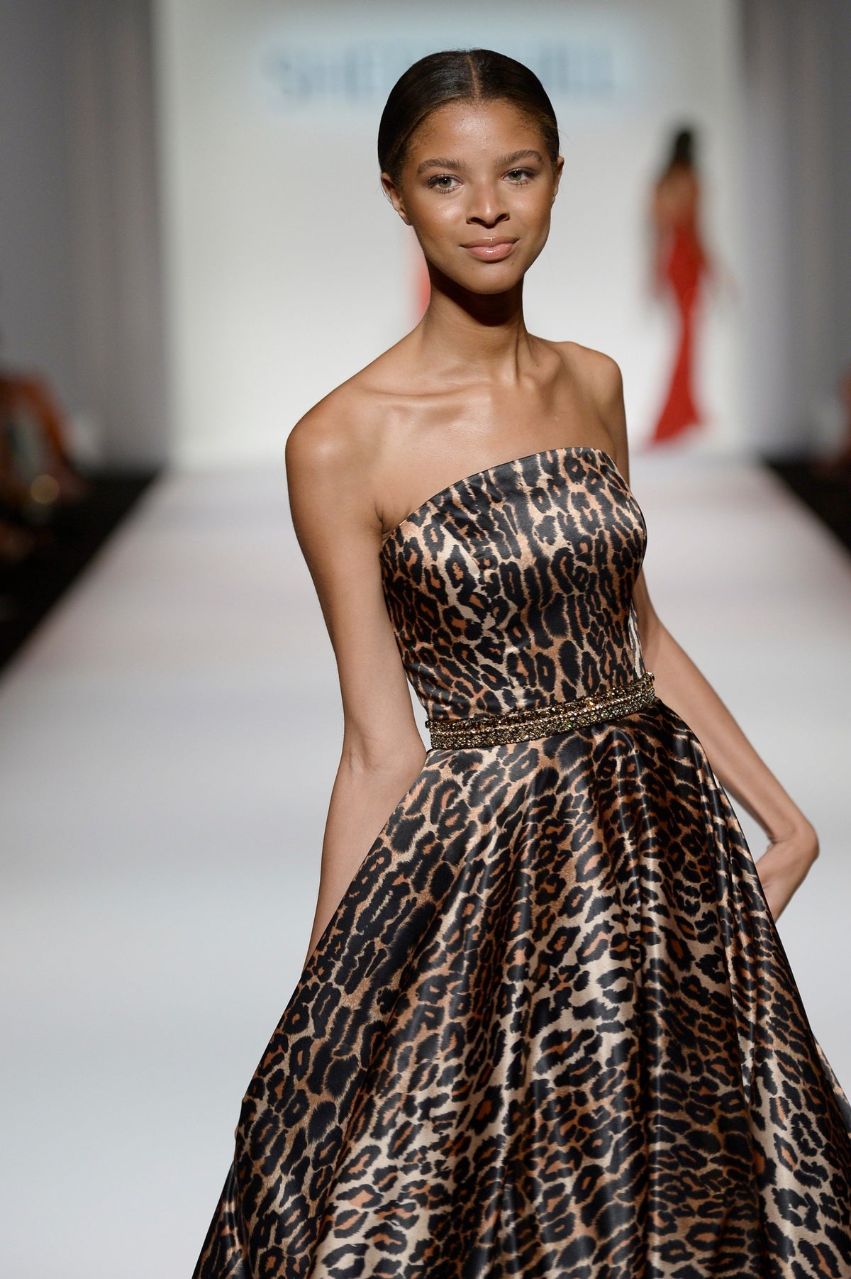 Sherri Hill 214665 strapless print ball gown in leopard