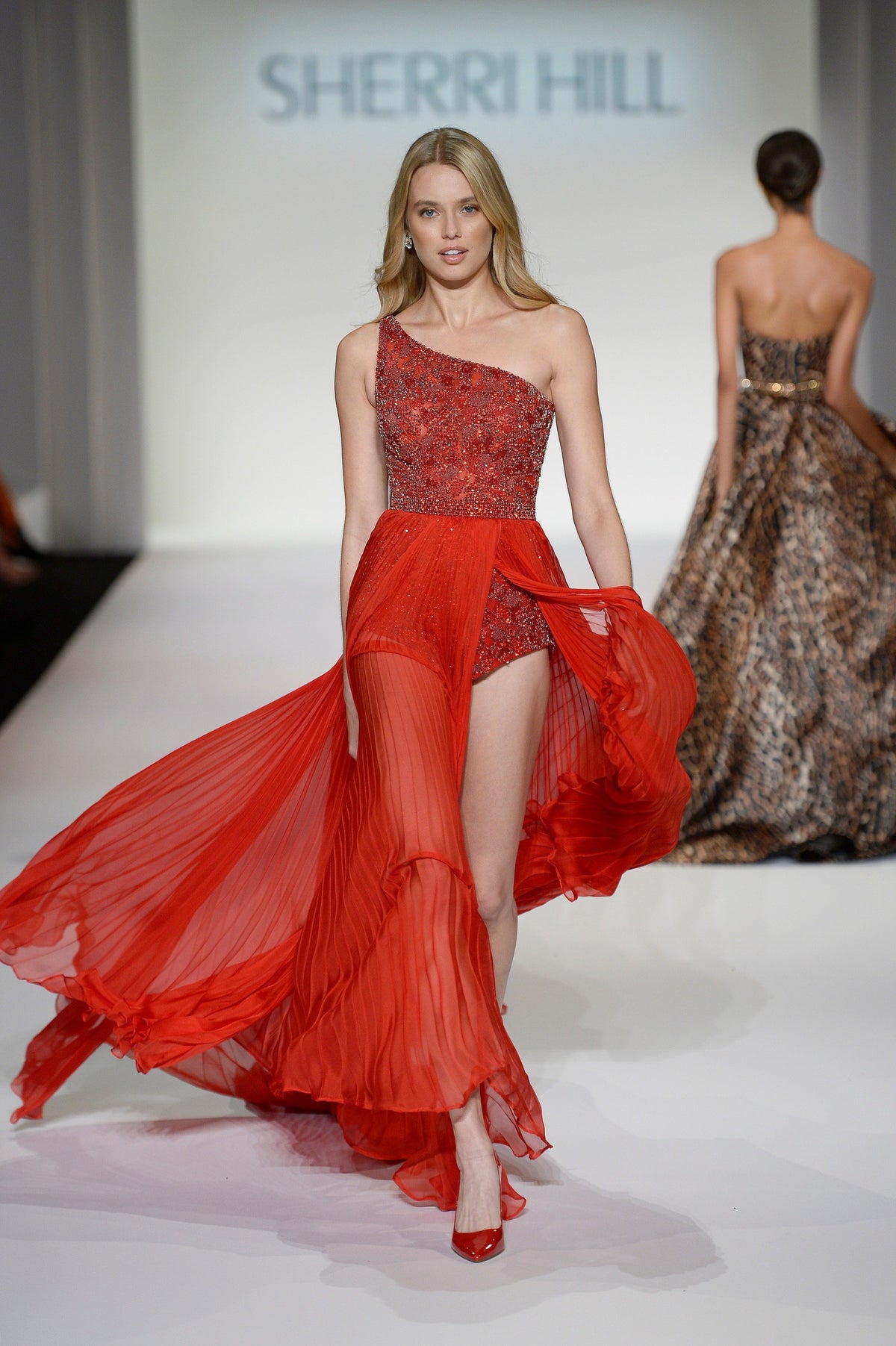 Sherri Hill 44885 one-shoulder beaded chiffon high-low dress in red