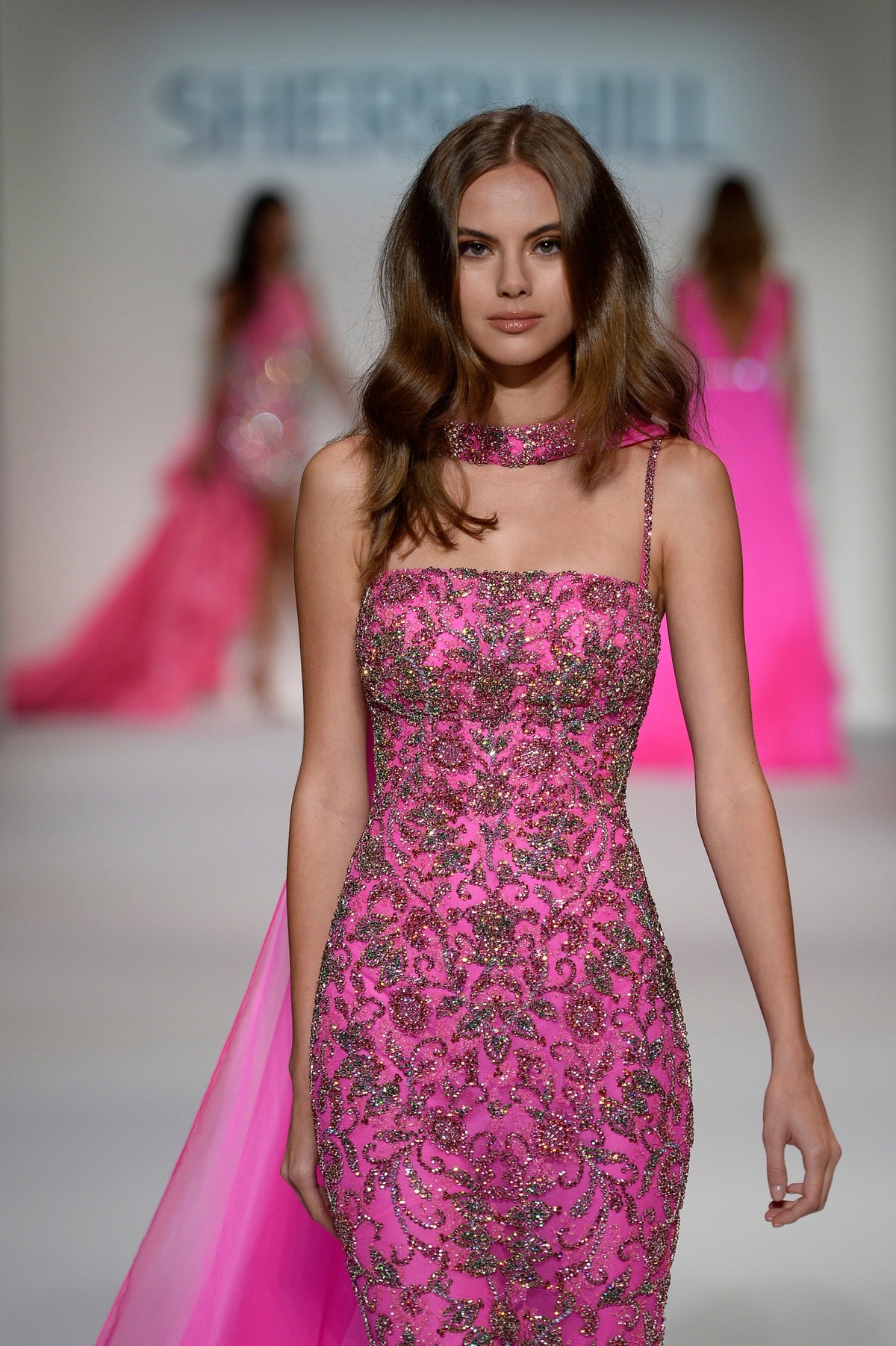 Sherri Hill 44880 beaded fitted gown with chiffon cape