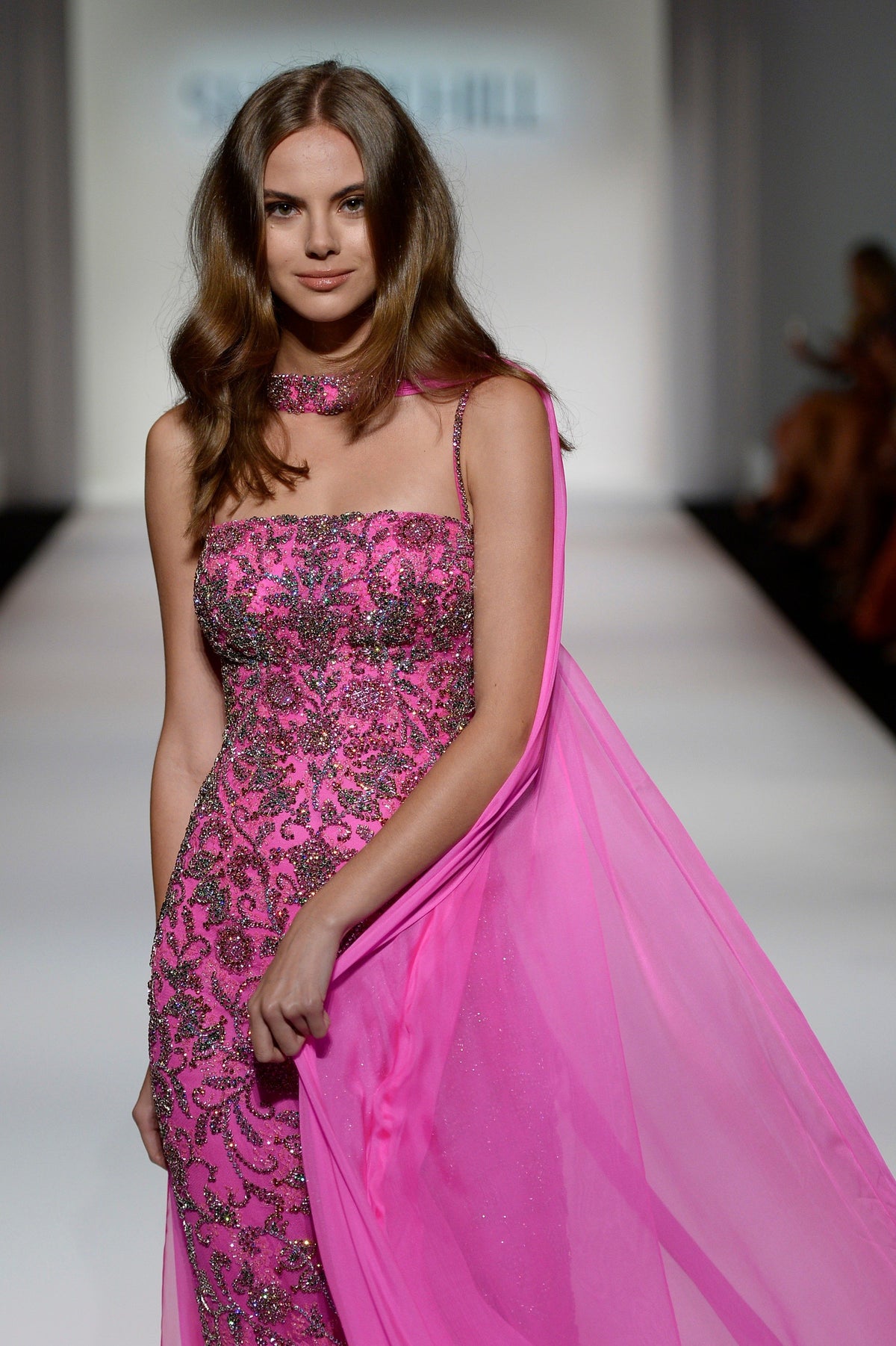 Sherri Hill 44880 beaded fitted gown with chiffon cape