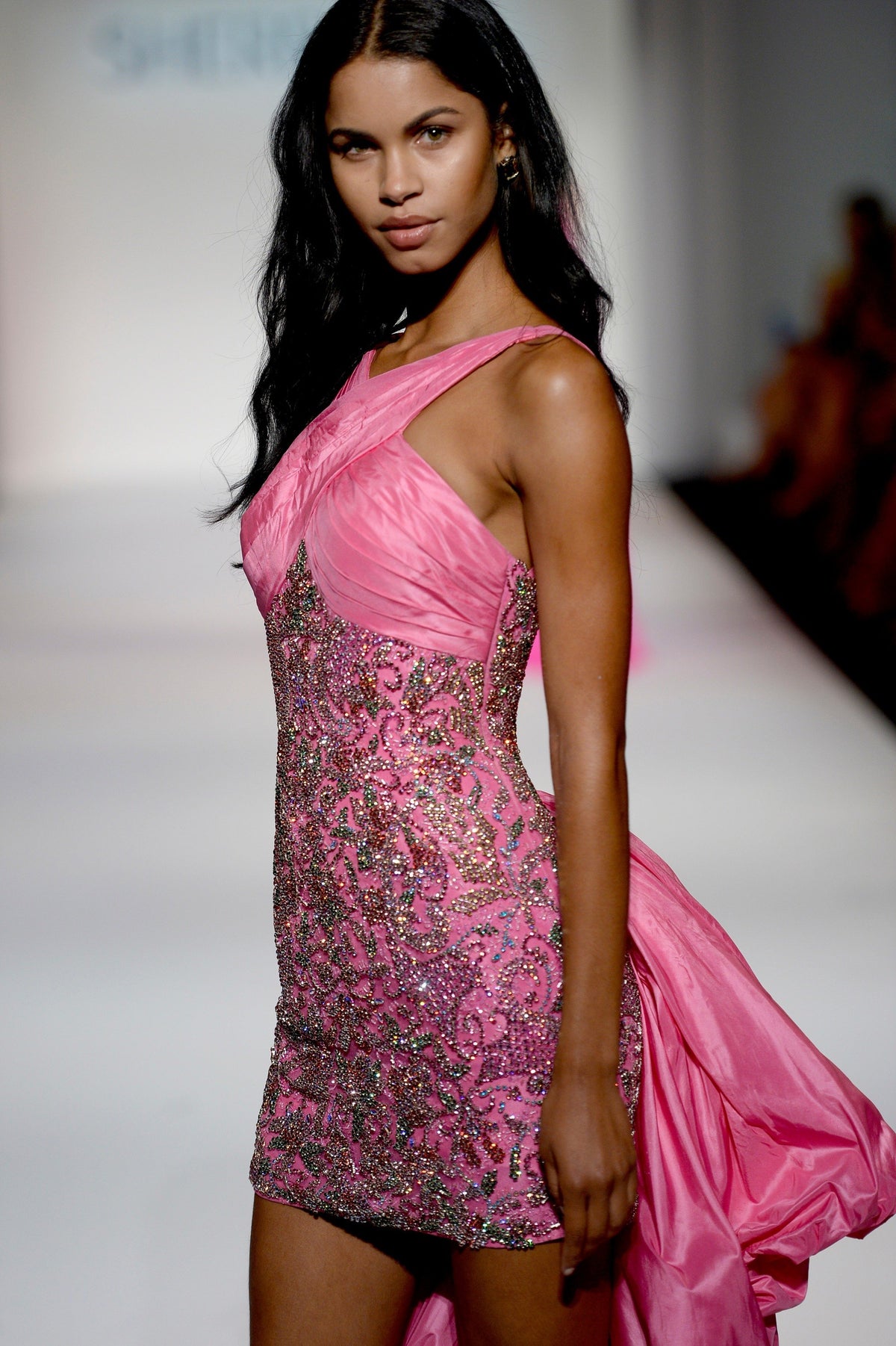 Sherri Hill 44878 beaded cocktail dress with chiffon overskirt in pink/multi