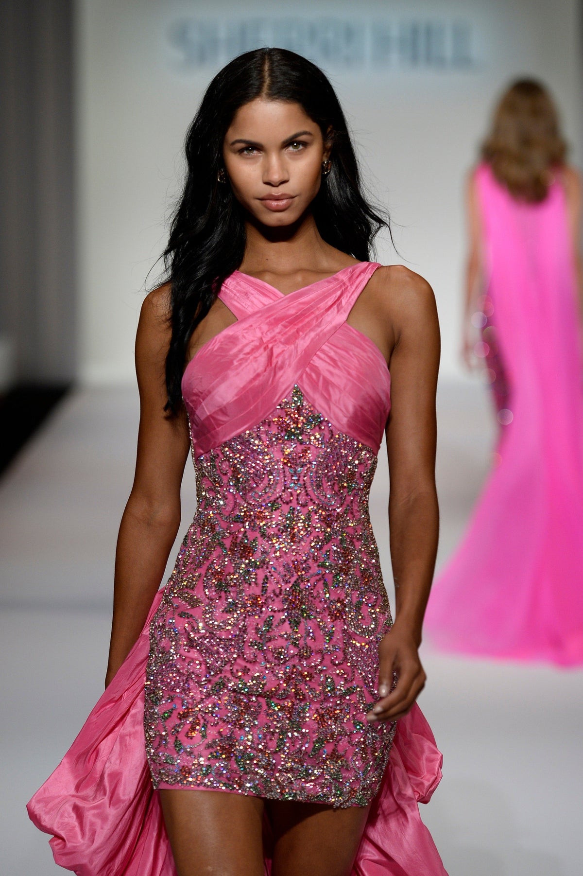 Sherri Hill 44878 beaded cocktail dress with chiffon overskirt in pink/multi