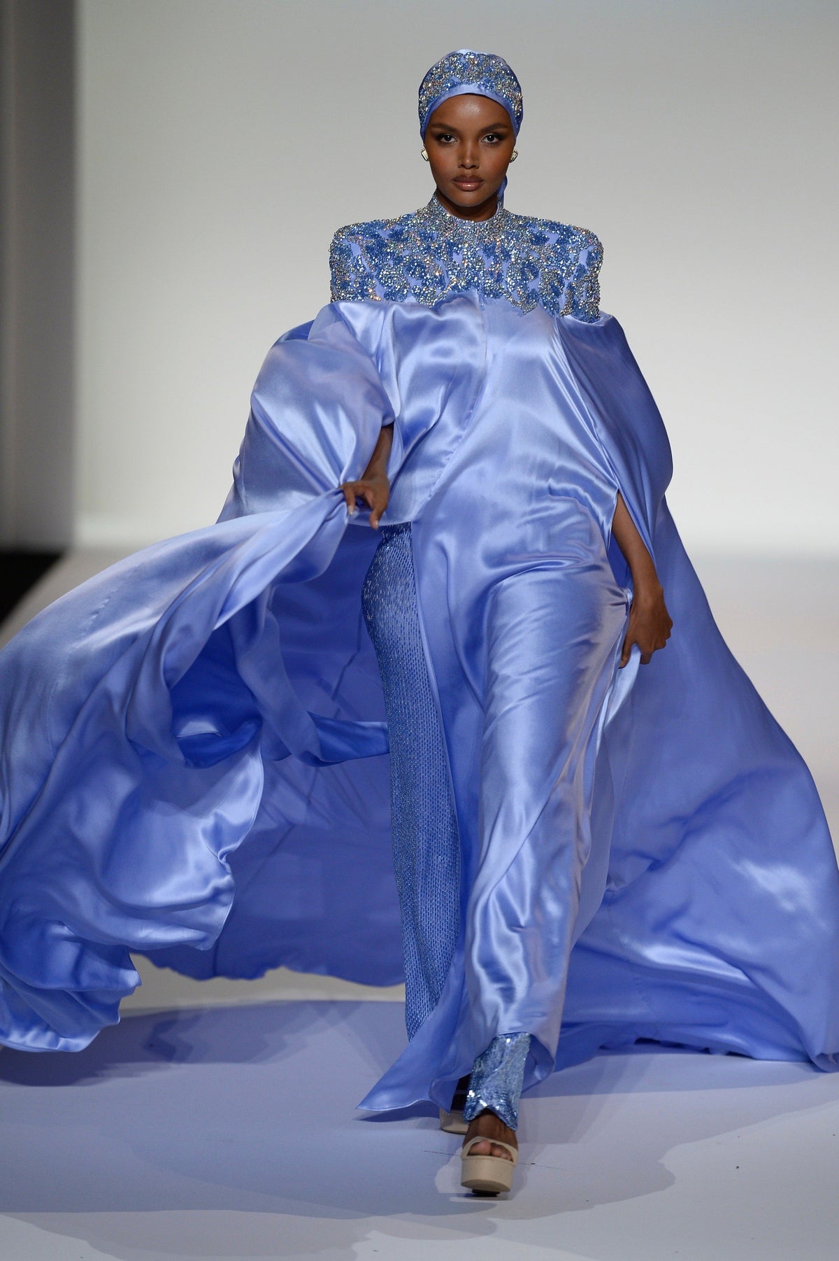 Sherri Hill 44894 satin gown with cape sleeves in periwinkle