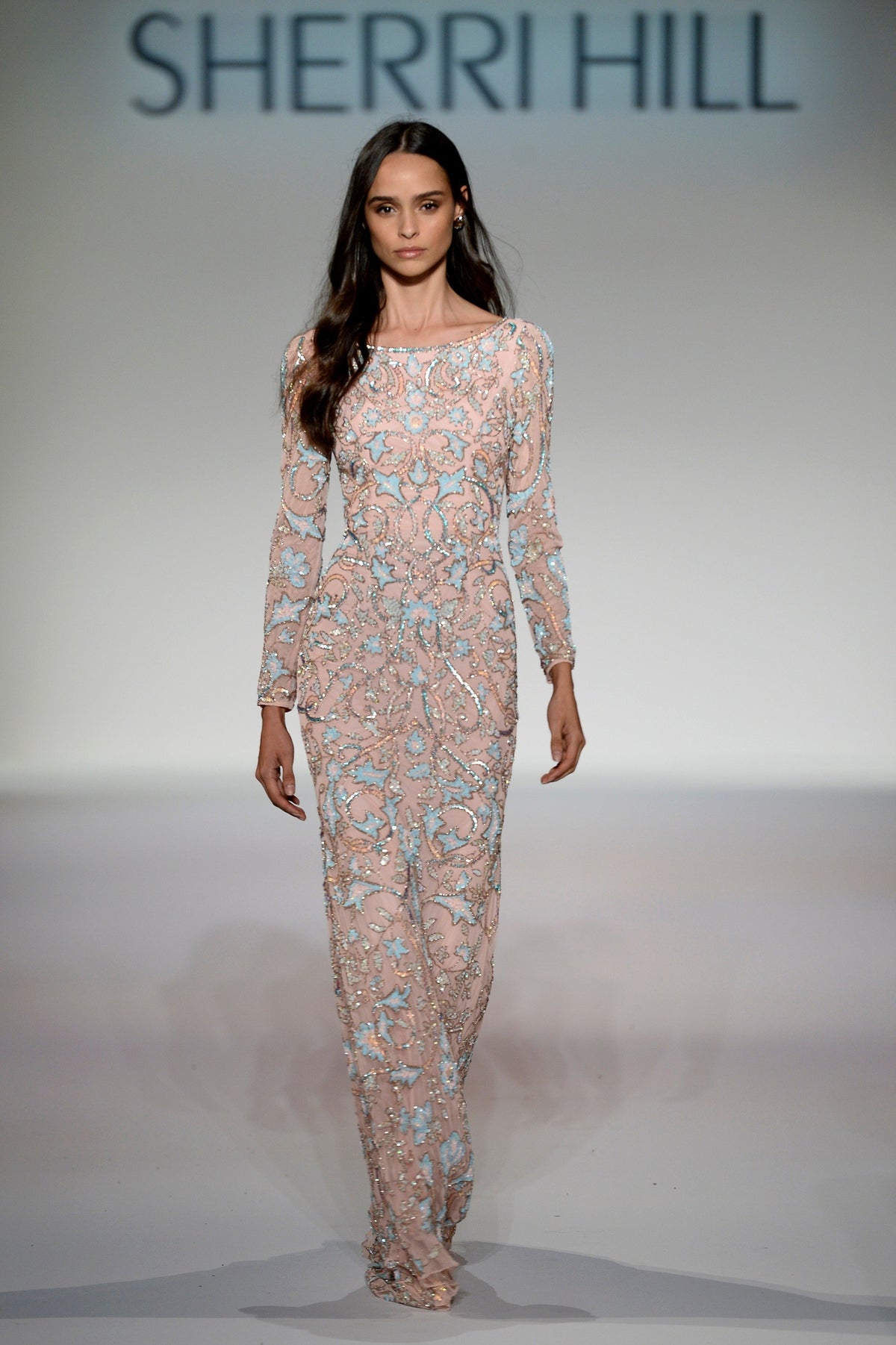 Sherri Hill 214721 long-sleeve beaded fitted gown in blush/aqua