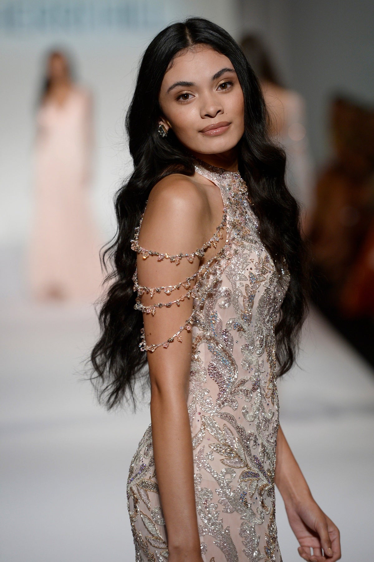 Sherri Hill 44901 beaded fitted gown in nude/silver