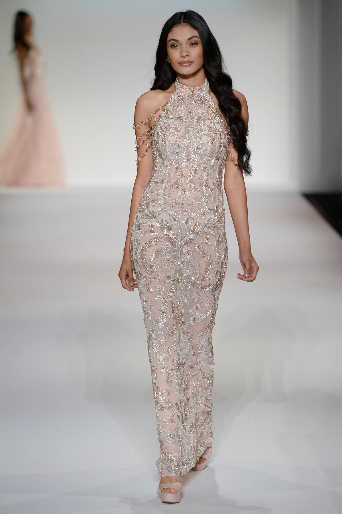 Sherri Hill 44901 beaded fitted gown in nude/silver