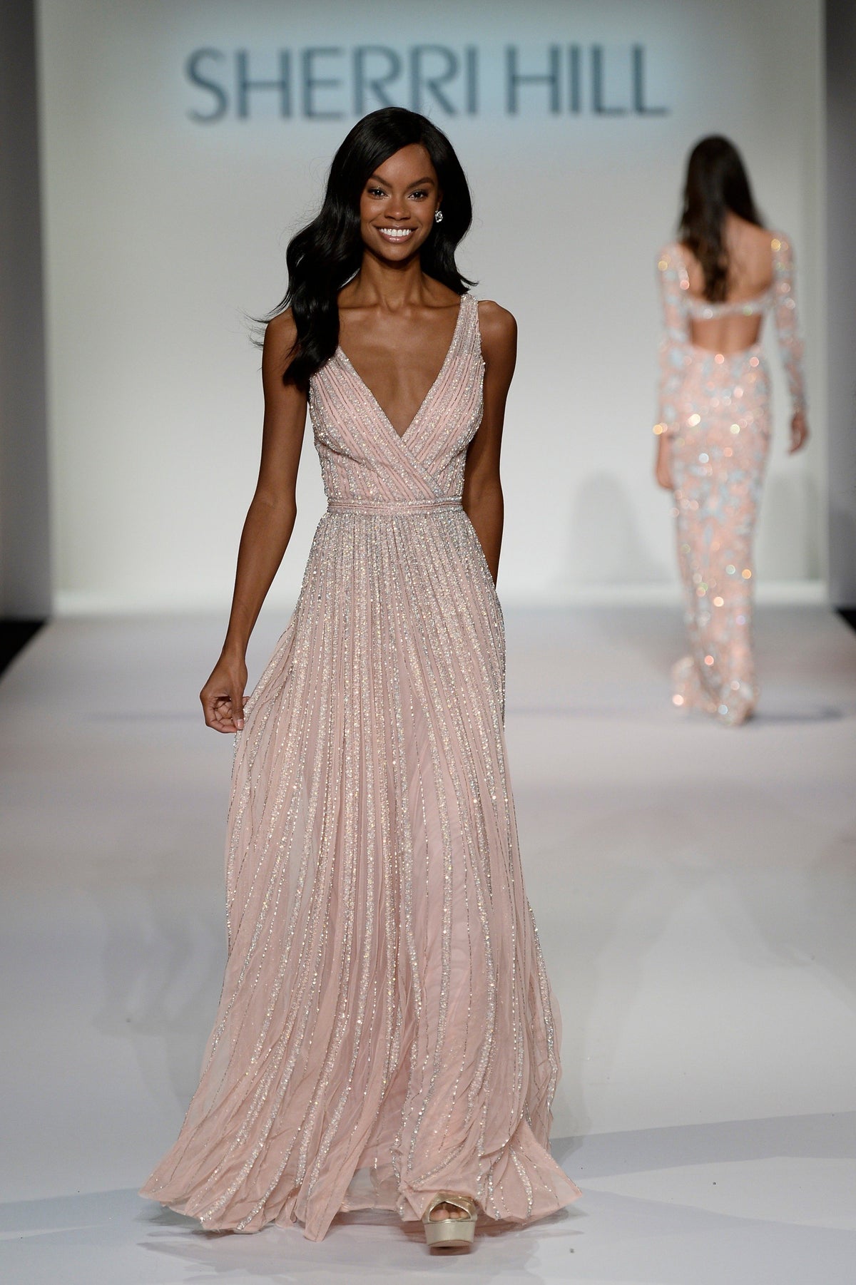 Sherri Hill 214723 V-neck beaded chiffon gown in blush/silver