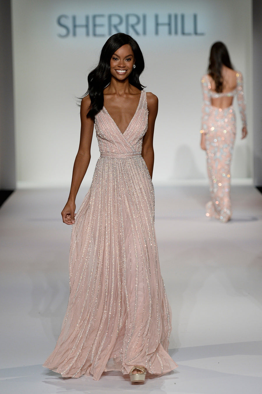 Sherri Hill style 214723 in blush/silver