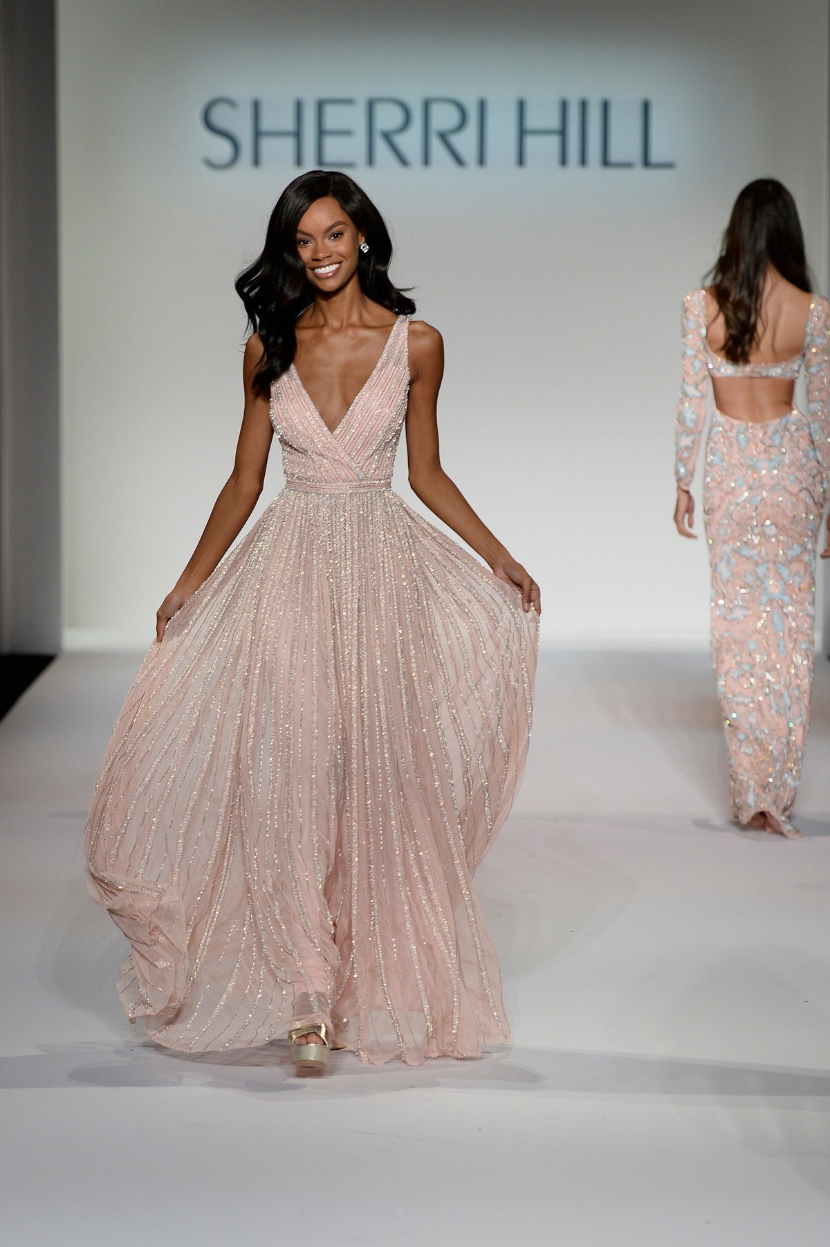 Sherri Hill 214723 V-neck beaded chiffon gown in blush/silver