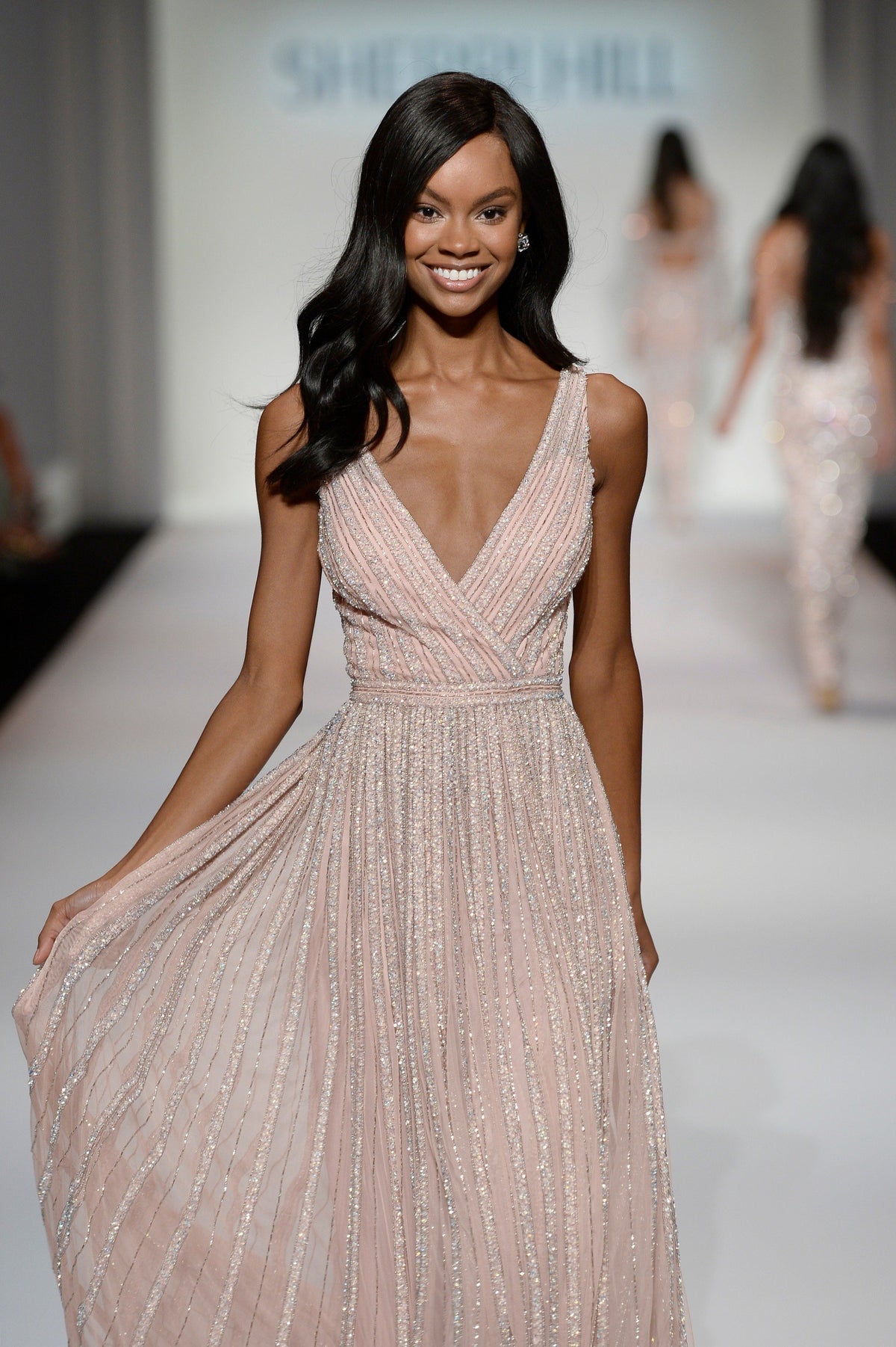 Sherri Hill 214723 V-neck beaded chiffon gown in blush/silver
