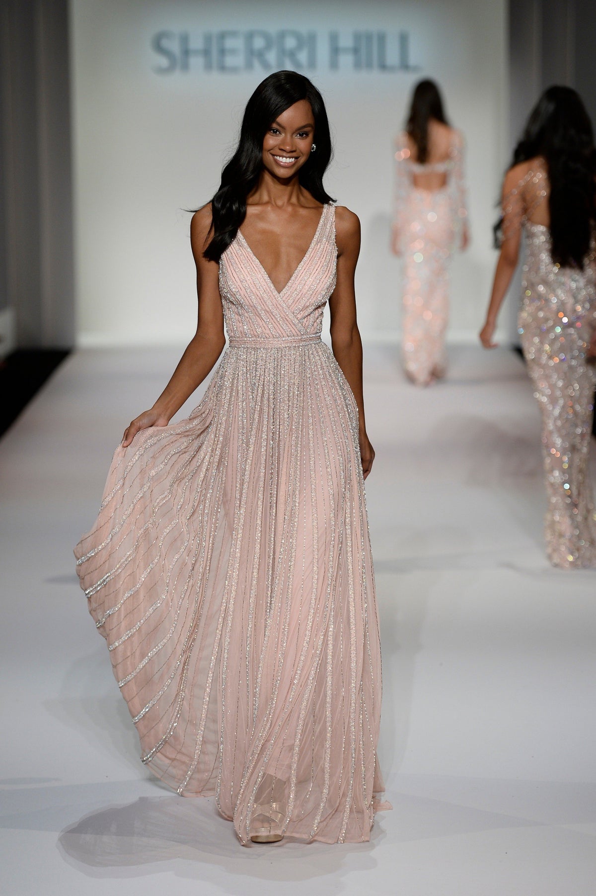 Sherri Hill 214723 V-neck beaded chiffon gown in blush/silver
