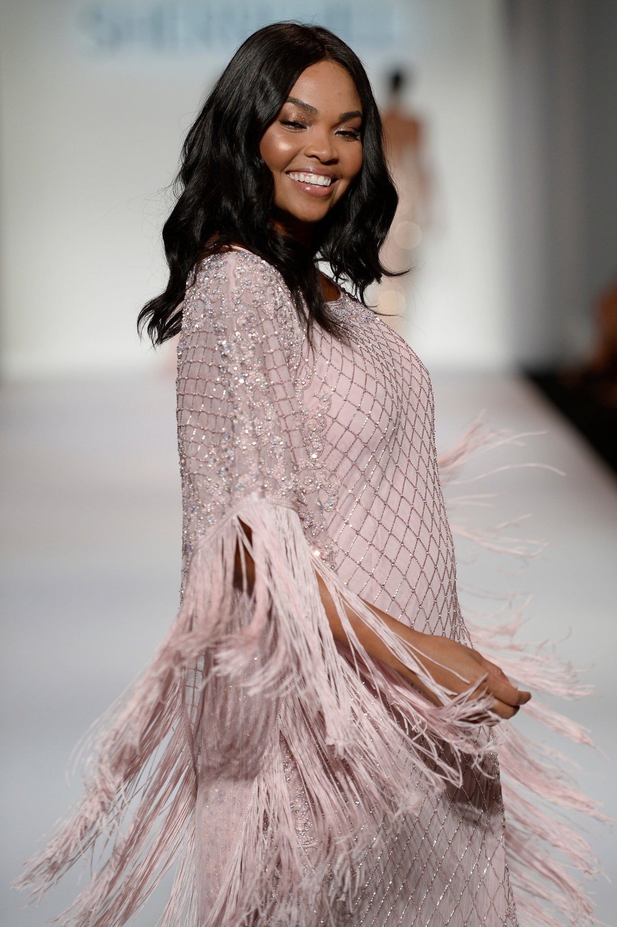 Sherri Hill 214728 beaded caftan gown with fringe in pink/silver