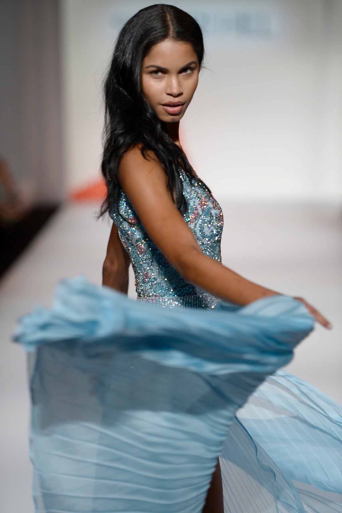 Sherri Hill 44899 beaded bodice chiffon gown with slit in light blue/multi