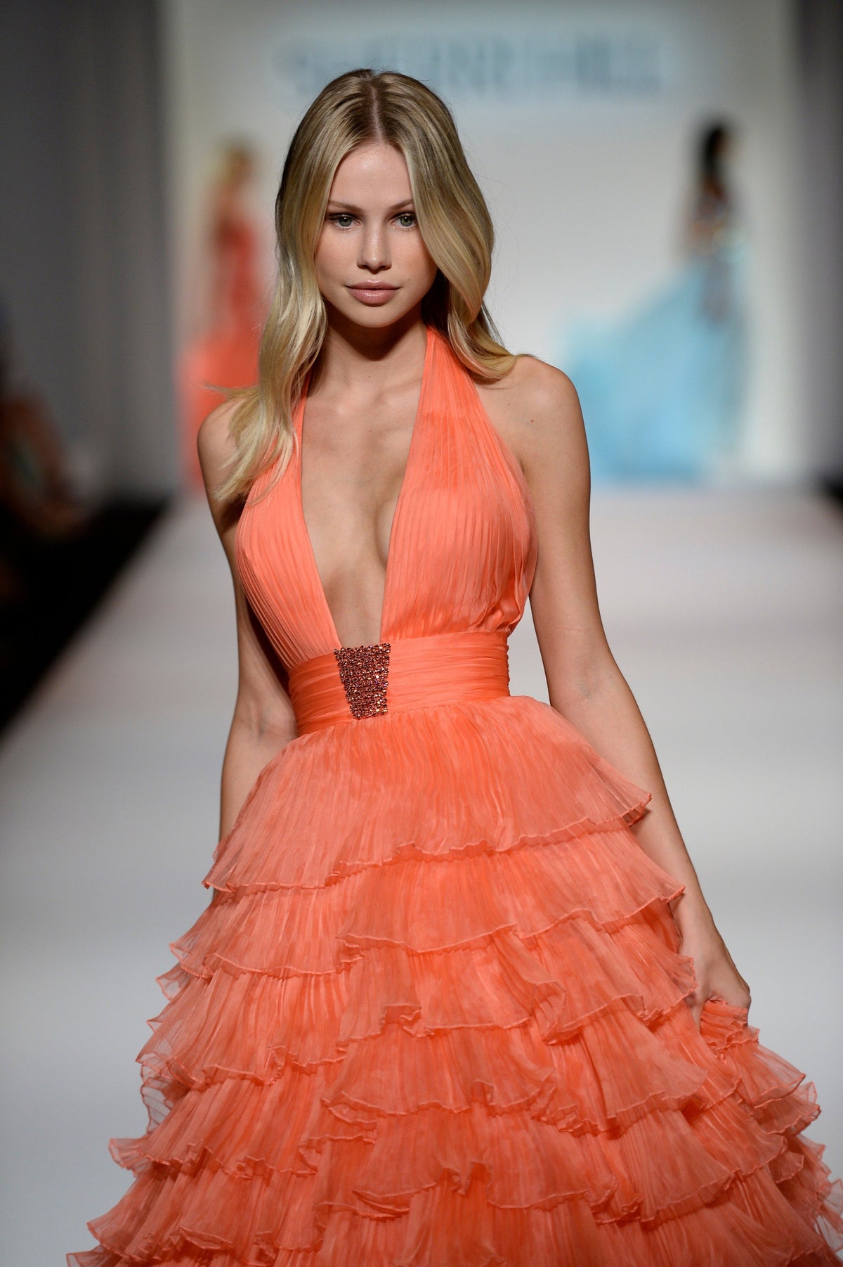 Sherri Hill 44875 V-neck ball gown with tiered ruffle skirt