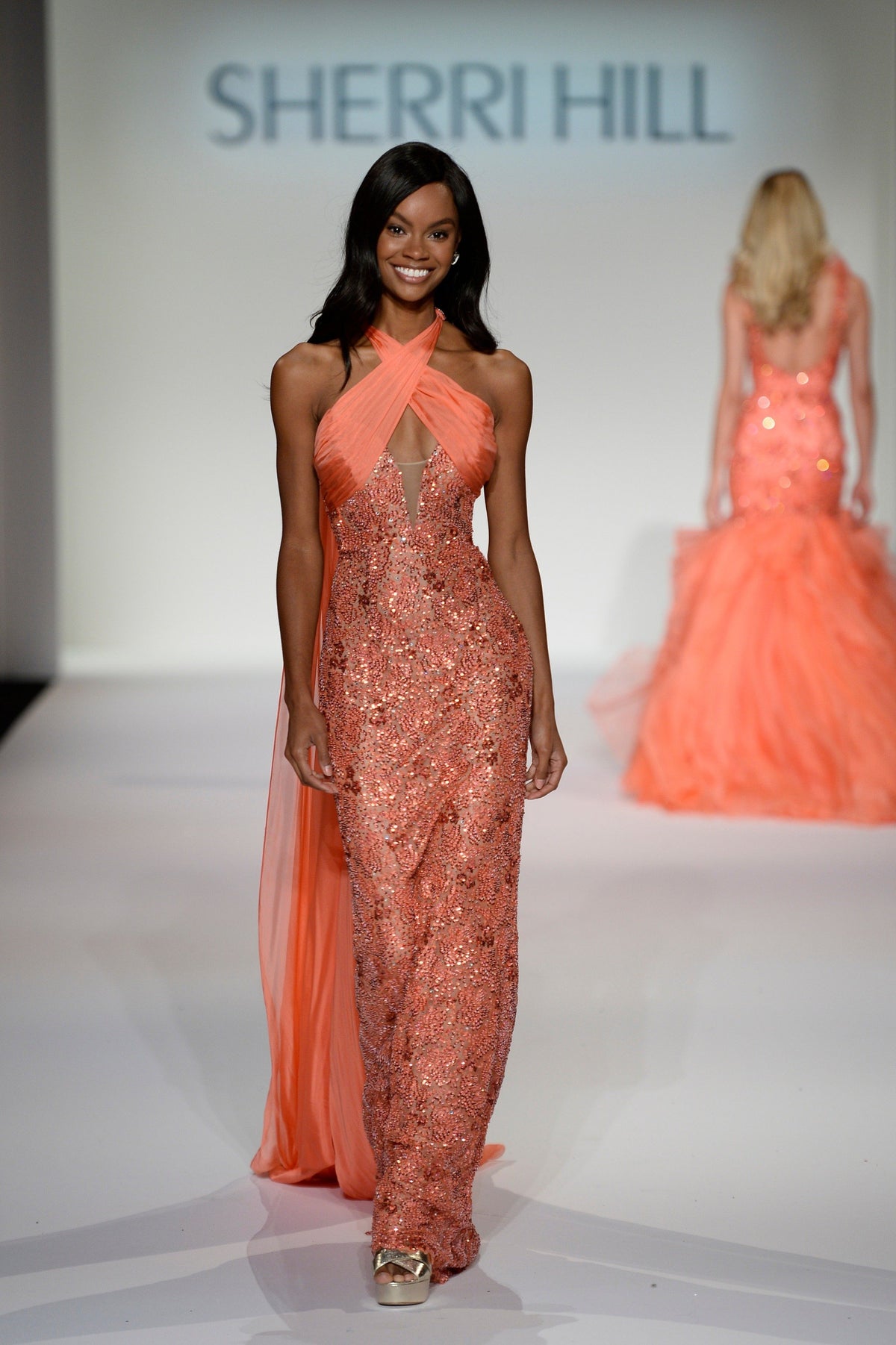 Sherri Hill 44873 halter beaded fitted gown in coral