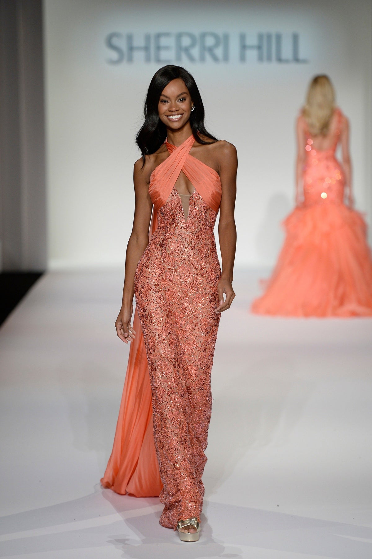 Sherri Hill 44873 halter beaded fitted gown in coral