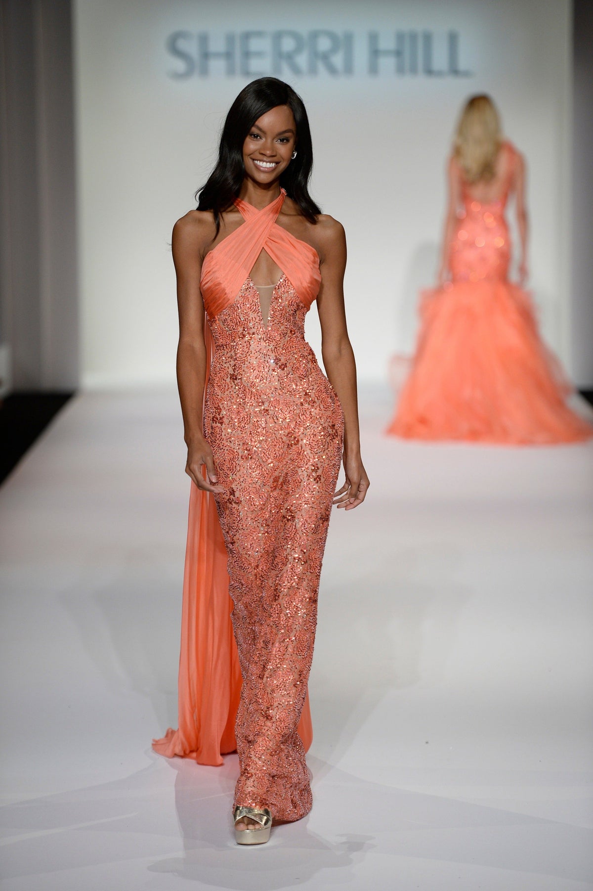Sherri Hill 44873 halter beaded fitted gown in coral