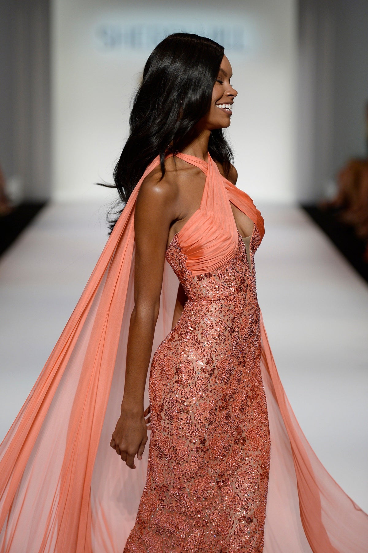 Sherri Hill 44873 halter beaded fitted gown in coral