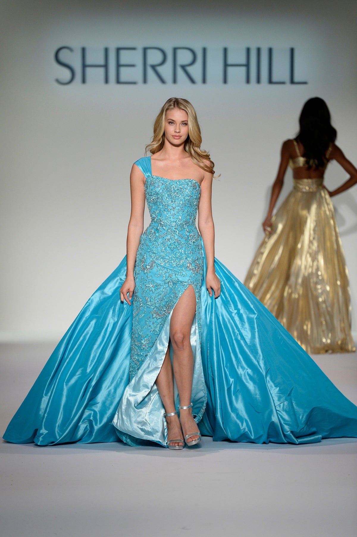 Sherri Hill 44893 one-shoulder beaded gown with satin overskirt