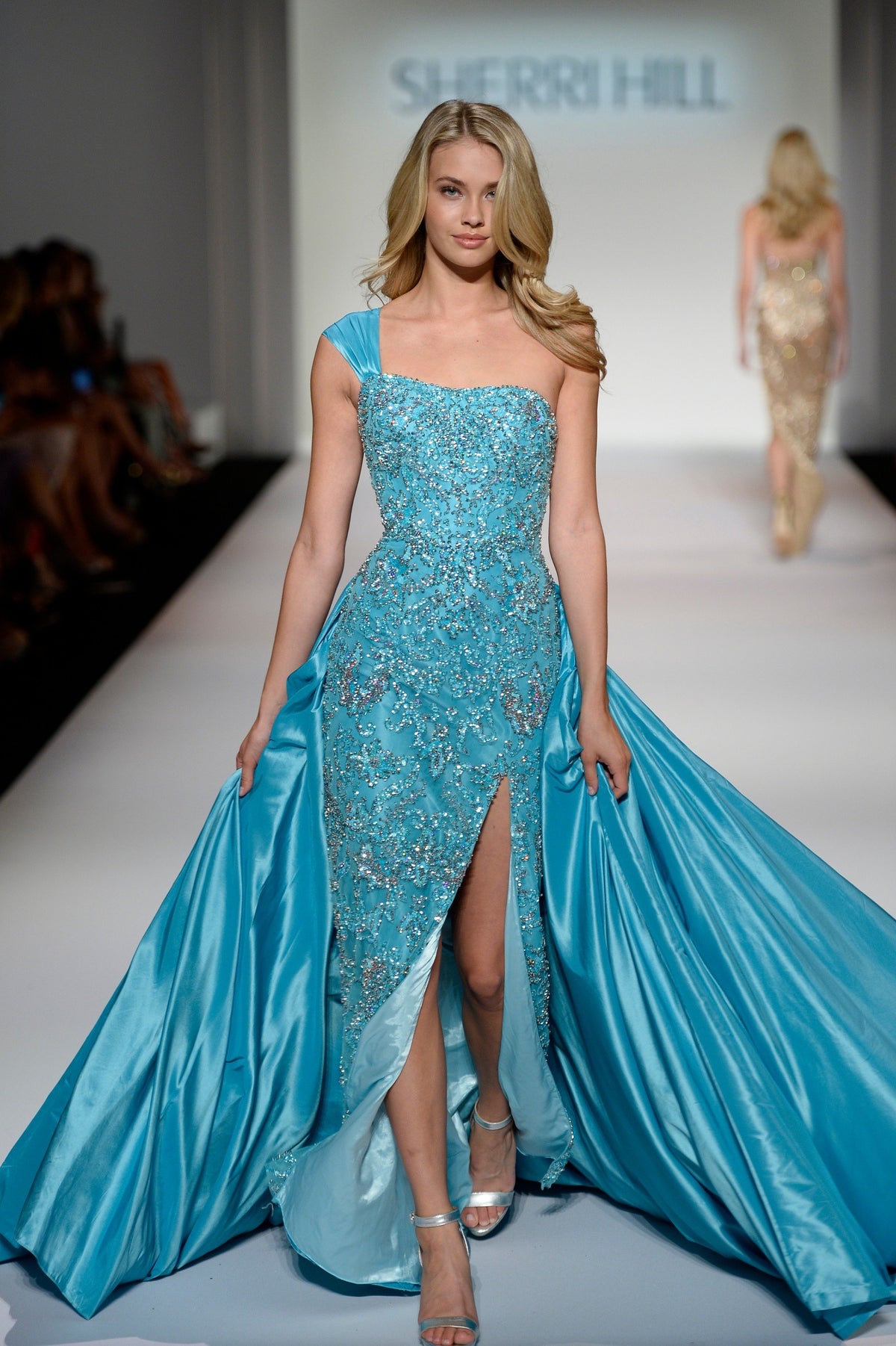Sherri Hill 44893 one-shoulder beaded gown with satin overskirt in aqua