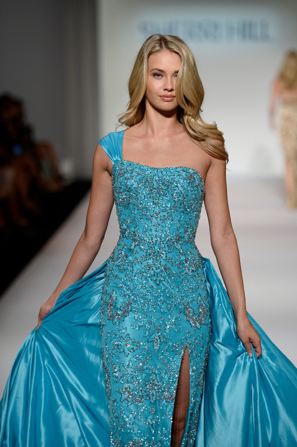 Sherri Hill 44893 one-shoulder beaded gown with satin overskirt