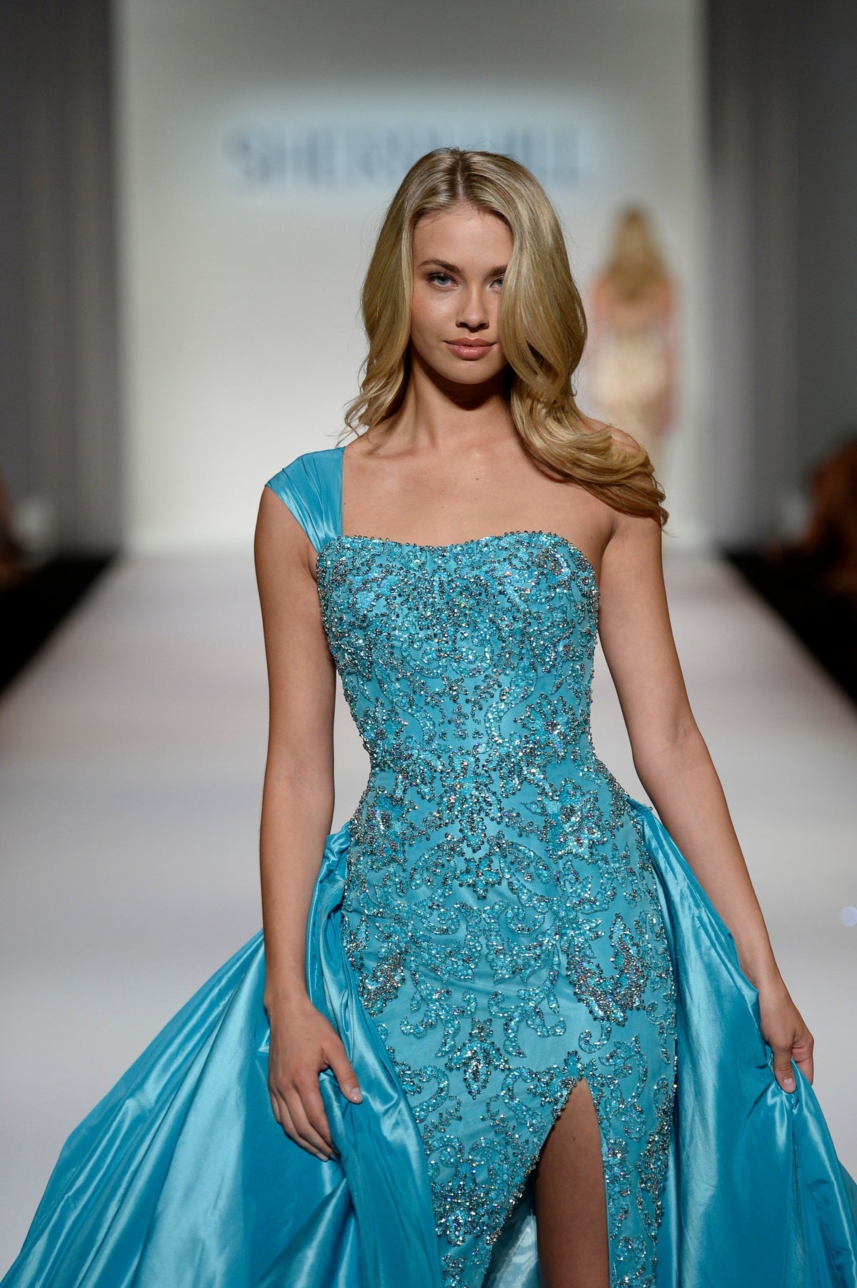 Sherri Hill 44893 one-shoulder beaded gown with satin overskirt